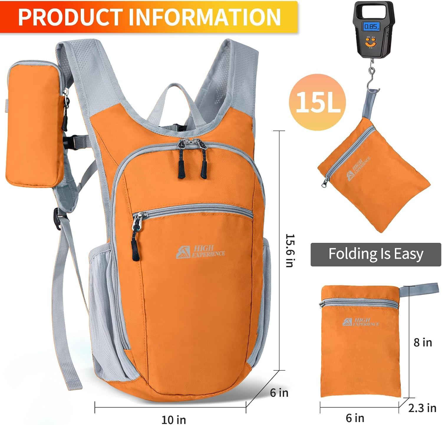 imageHiking Backpack 10L15L Small Daypack Lightweight Packable Travel Foldable Water Resistan for Women Men Black 10LOrange