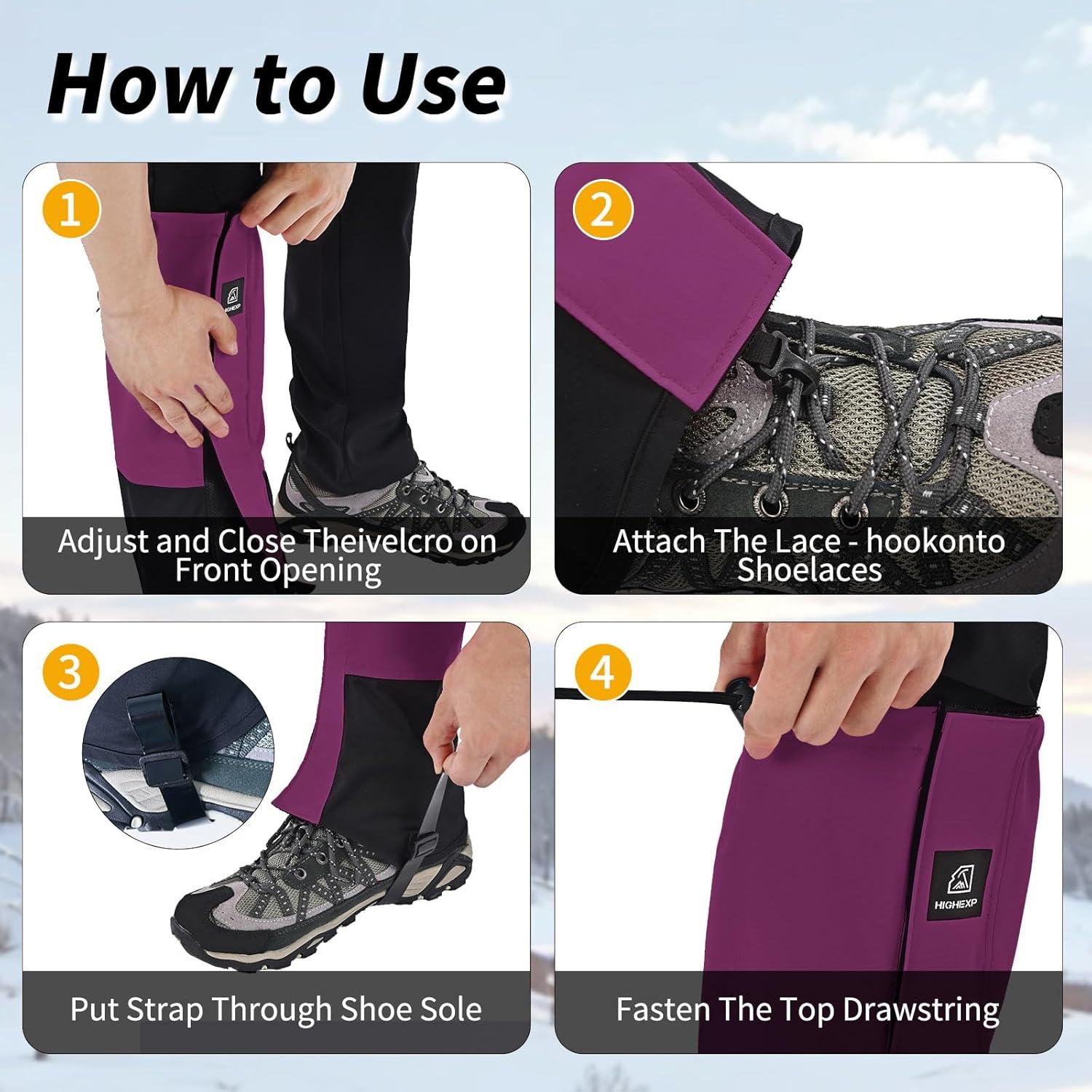 imageLeg Gaiters 100 Waterproof Adjustable Shoe Snow Boot Guard Gators for Hiking Shoe Cover Hunting Snowshoeing Climbing Walking for Women MenPurple