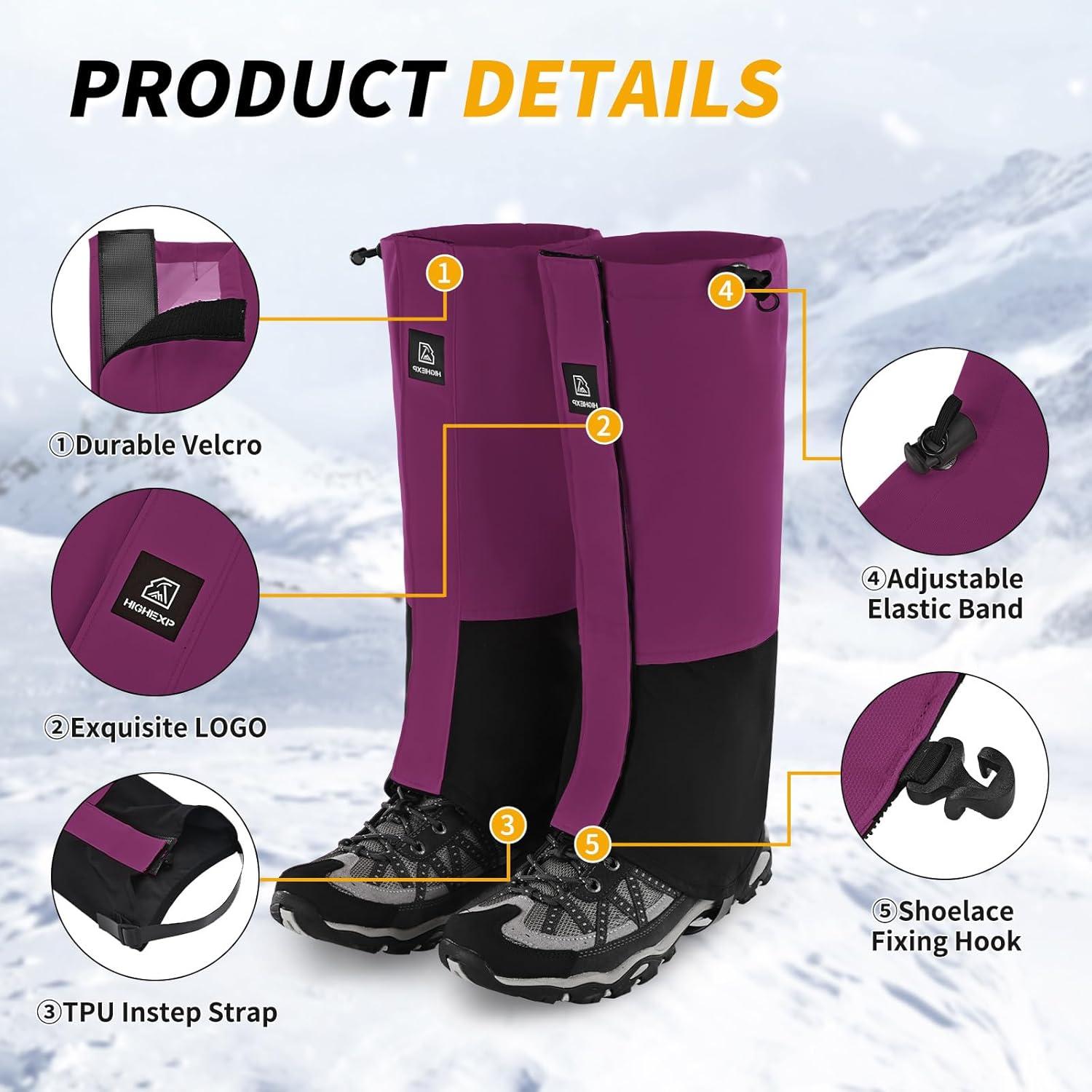 imageLeg Gaiters 100 Waterproof Adjustable Shoe Snow Boot Guard Gators for Hiking Shoe Cover Hunting Snowshoeing Climbing Walking for Women MenPurple