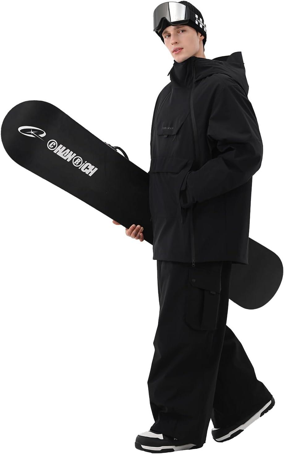 imageMens Ski Jacket 3L Snowboard Anorak Coat Baggy Snow Pullover Hooded Waterproof Windproof Insulated WinterBlack