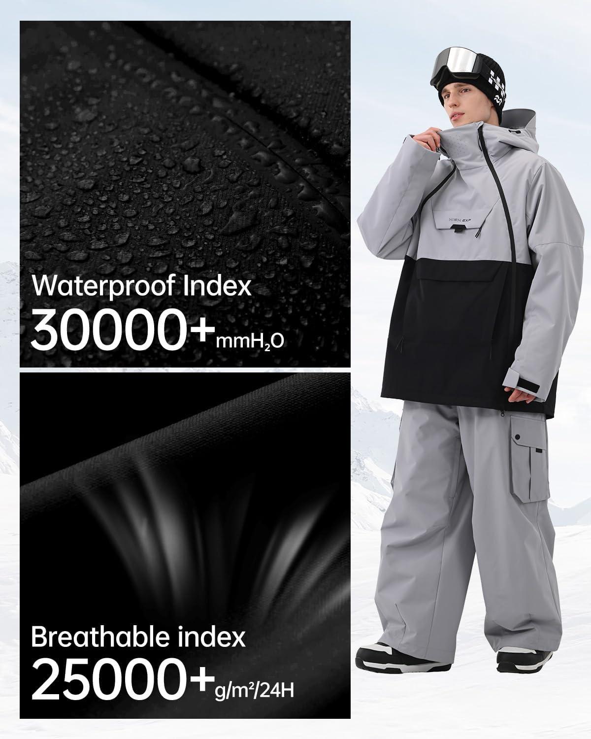 imageMens Ski Jacket 3L Snowboard Anorak Coat Baggy Snow Pullover Hooded Waterproof Windproof Insulated WinterGray Black