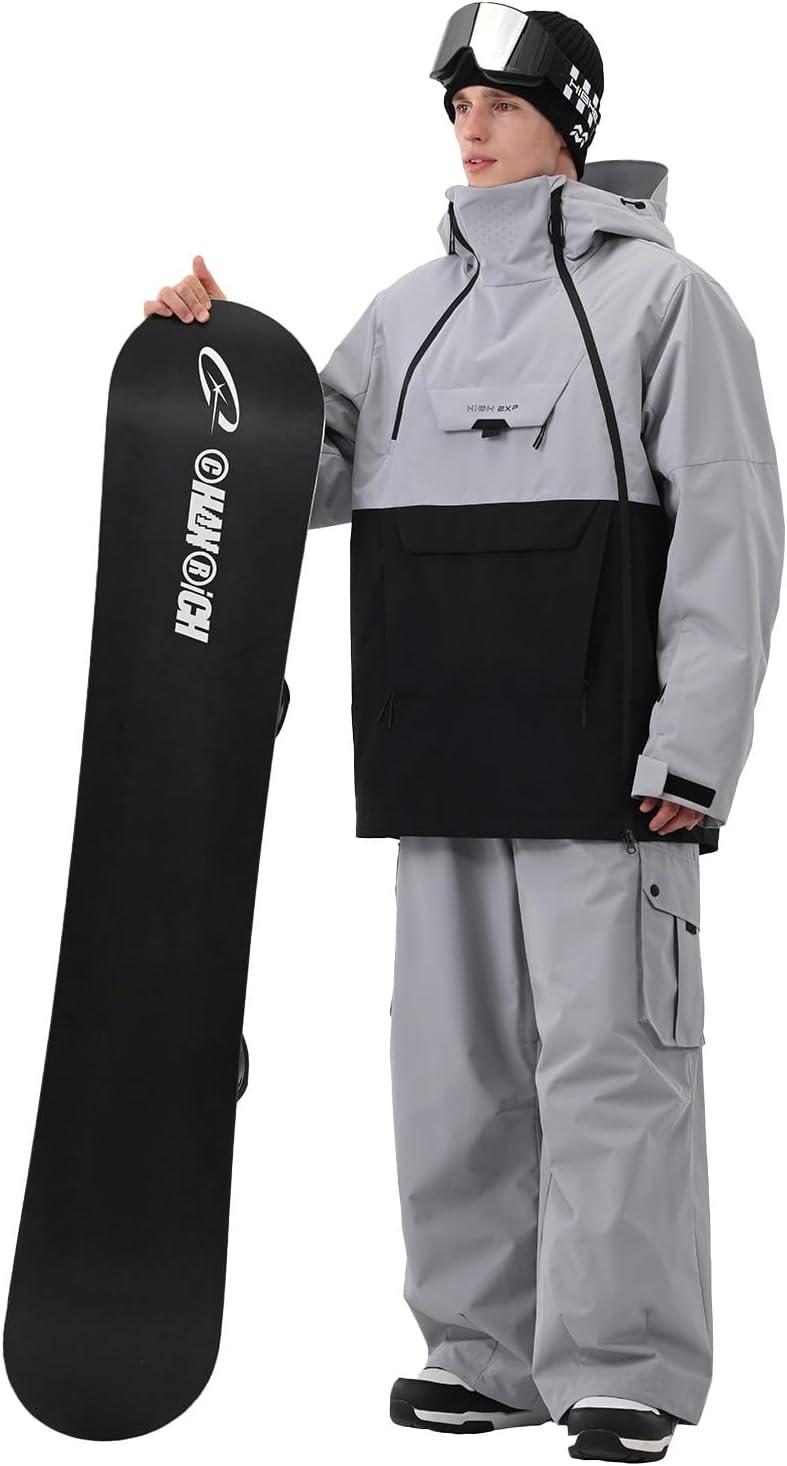 imageMens Ski Jacket 3L Snowboard Anorak Coat Baggy Snow Pullover Hooded Waterproof Windproof Insulated WinterGray Black