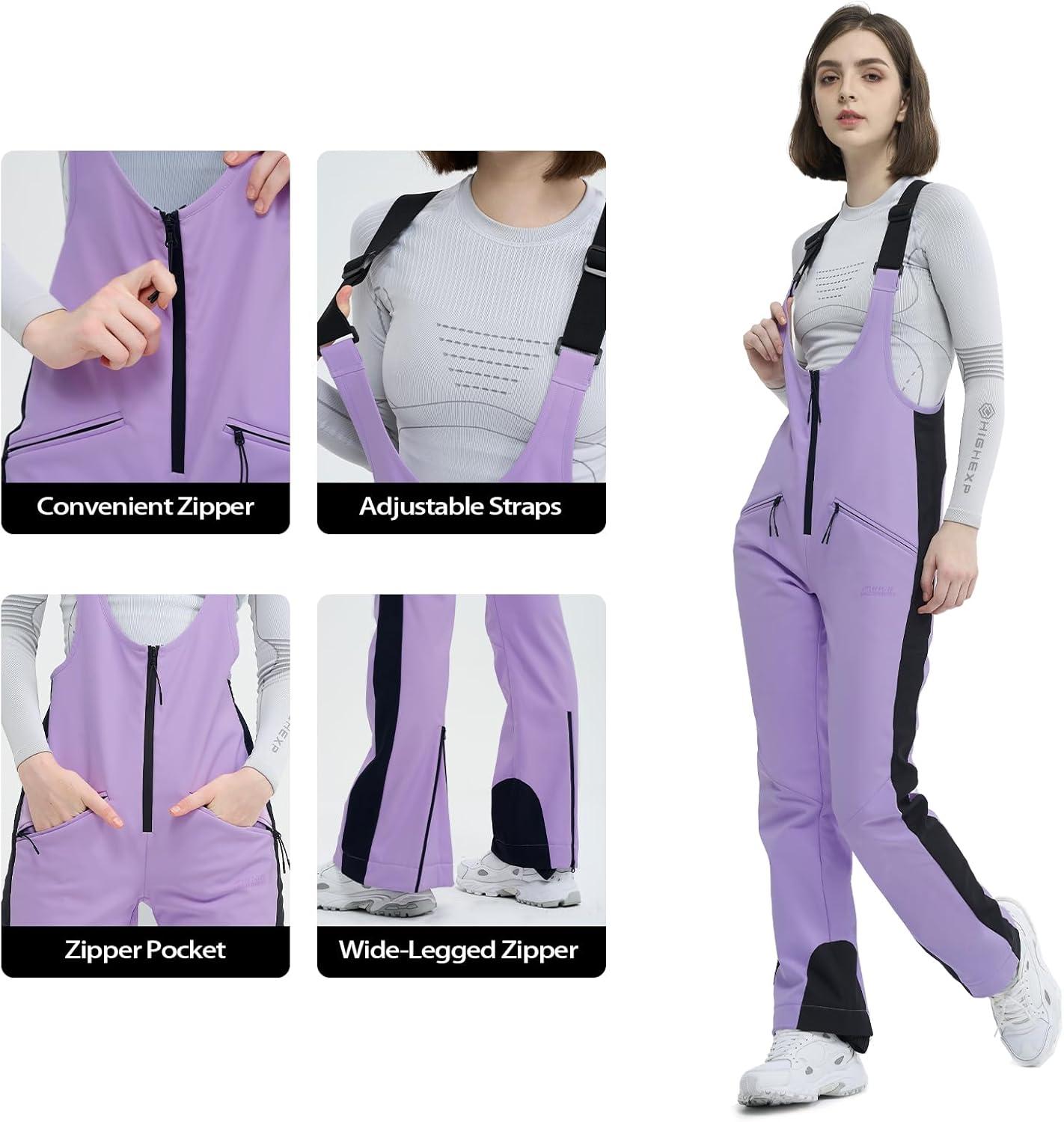 imageSki Bib Pants for Women Snow Skinny Overalls Soft Shell Slim Fit Fitted Snowboard Suspenders Waterproof WarmLight Purple
