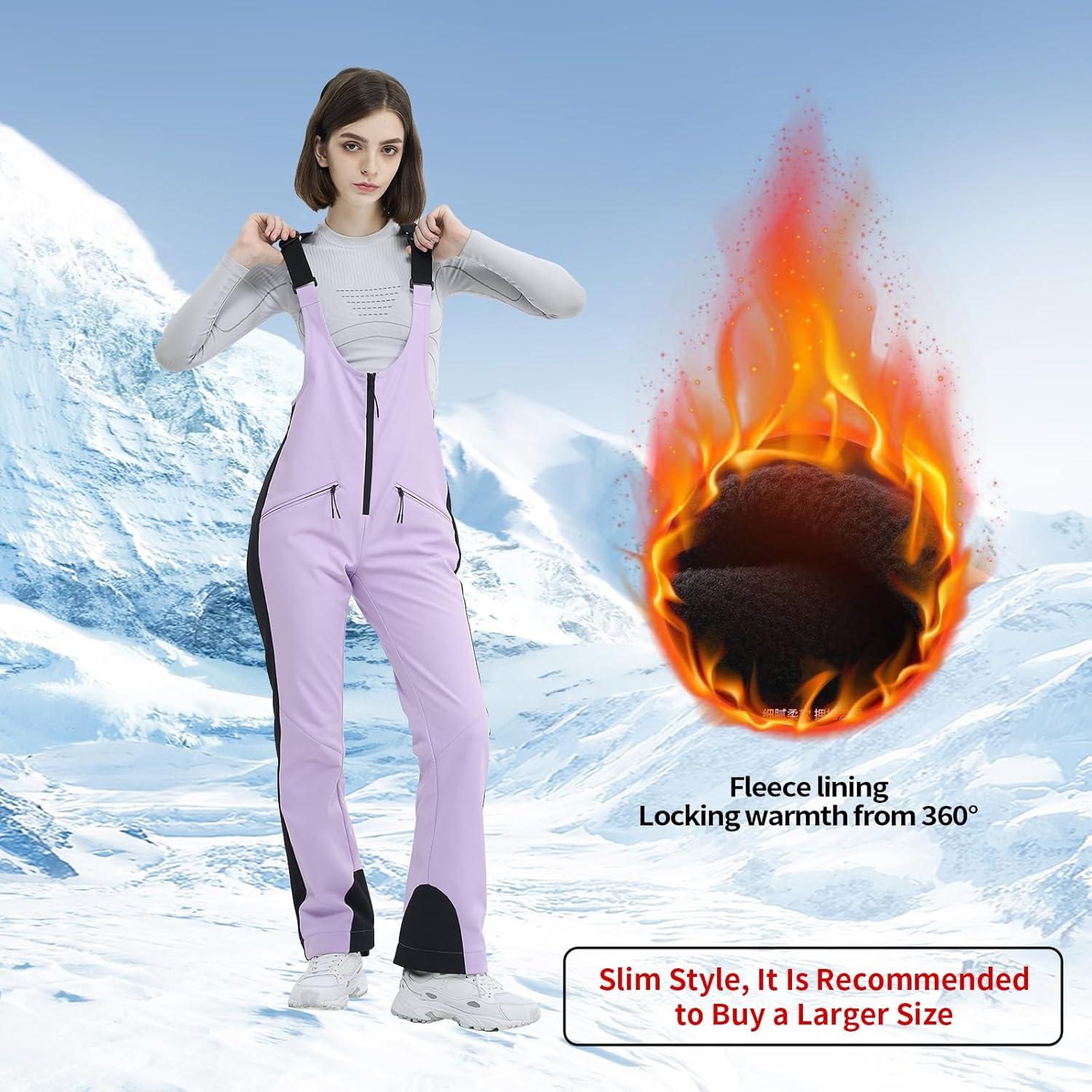 imageSki Bib Pants for Women Snow Skinny Overalls Soft Shell Slim Fit Fitted Snowboard Suspenders Waterproof WarmLight Purple