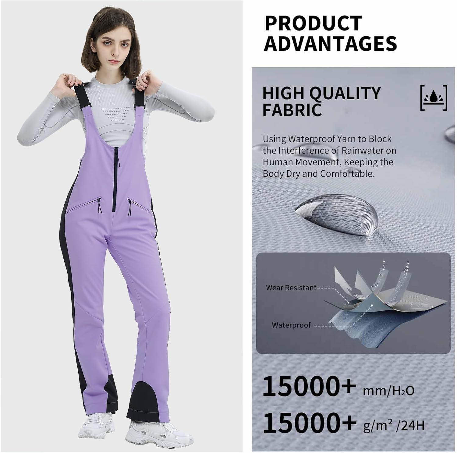 imageSki Bib Pants for Women Snow Skinny Overalls Soft Shell Slim Fit Fitted Snowboard Suspenders Waterproof WarmLight Purple