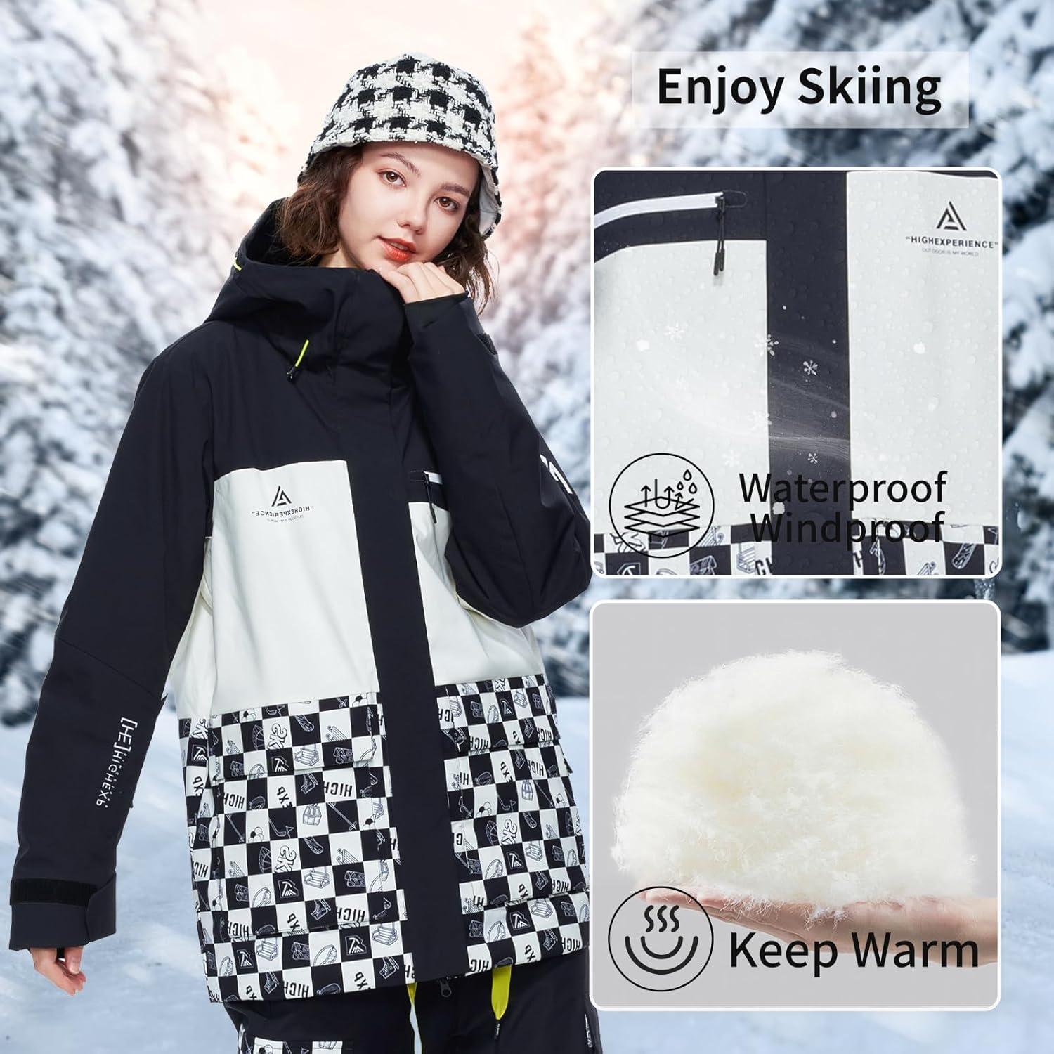 imageSki Jacket Snowboard Coat Snow Winter Waterproof Insulated Windproof Baggy Warm Hooded Jacket for Men WomenBlack and White