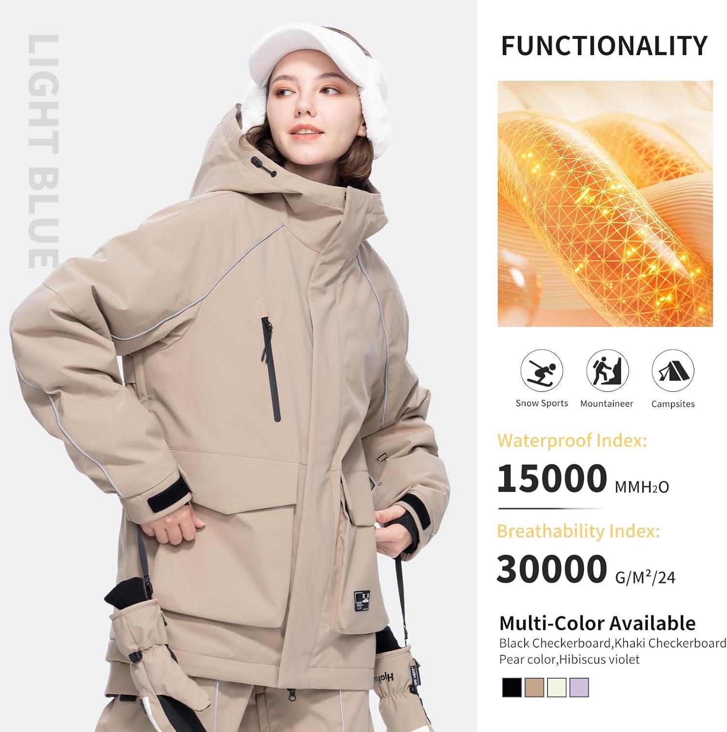 imageSki Jacket Snowboard Coat Snow Winter Waterproof Insulated Windproof Baggy Warm Hooded Jacket for Men WomenLight Khaki