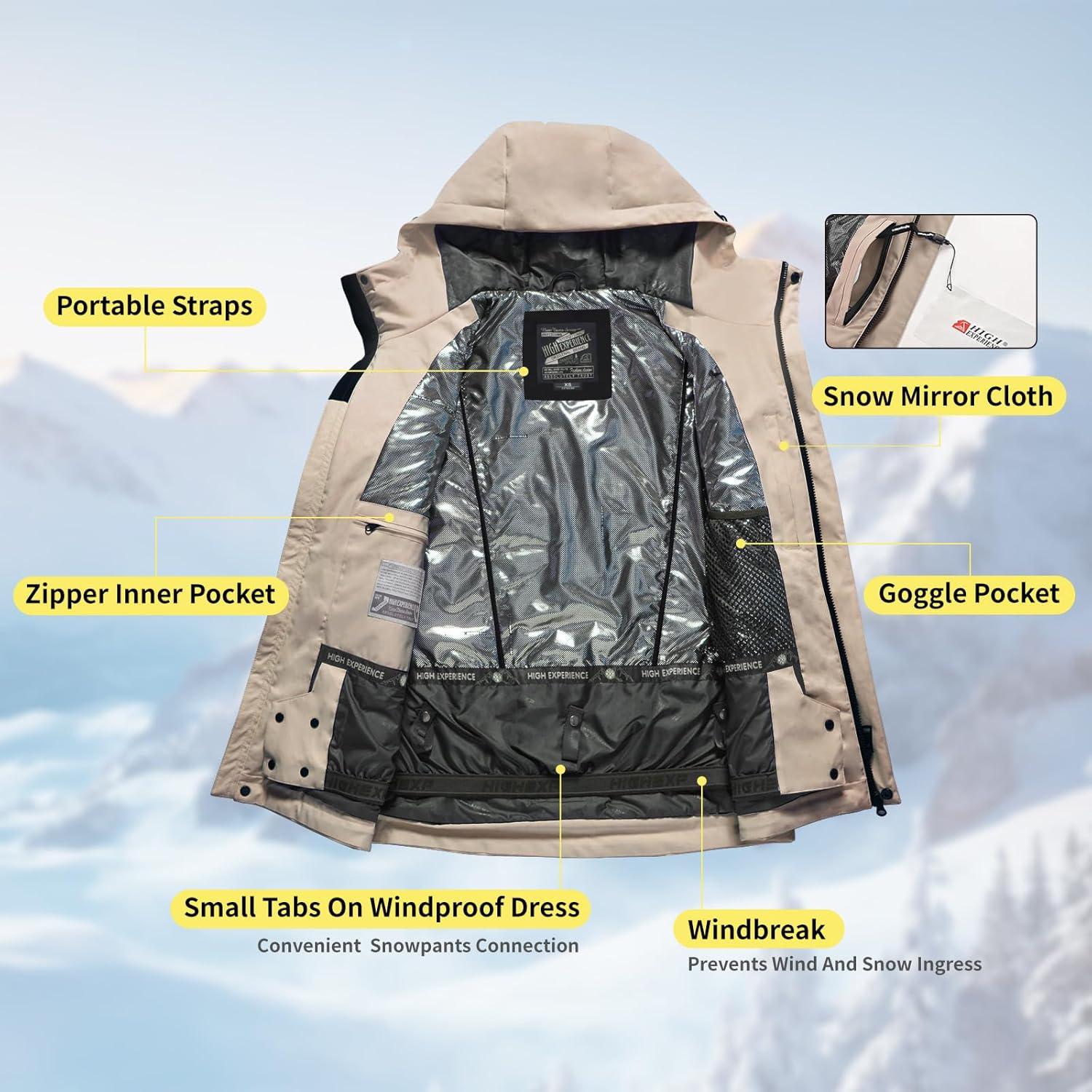imageSki Jacket Snowboard Coat Snow Winter Waterproof Insulated Windproof Baggy Warm Hooded Jacket for Men WomenLight Khaki