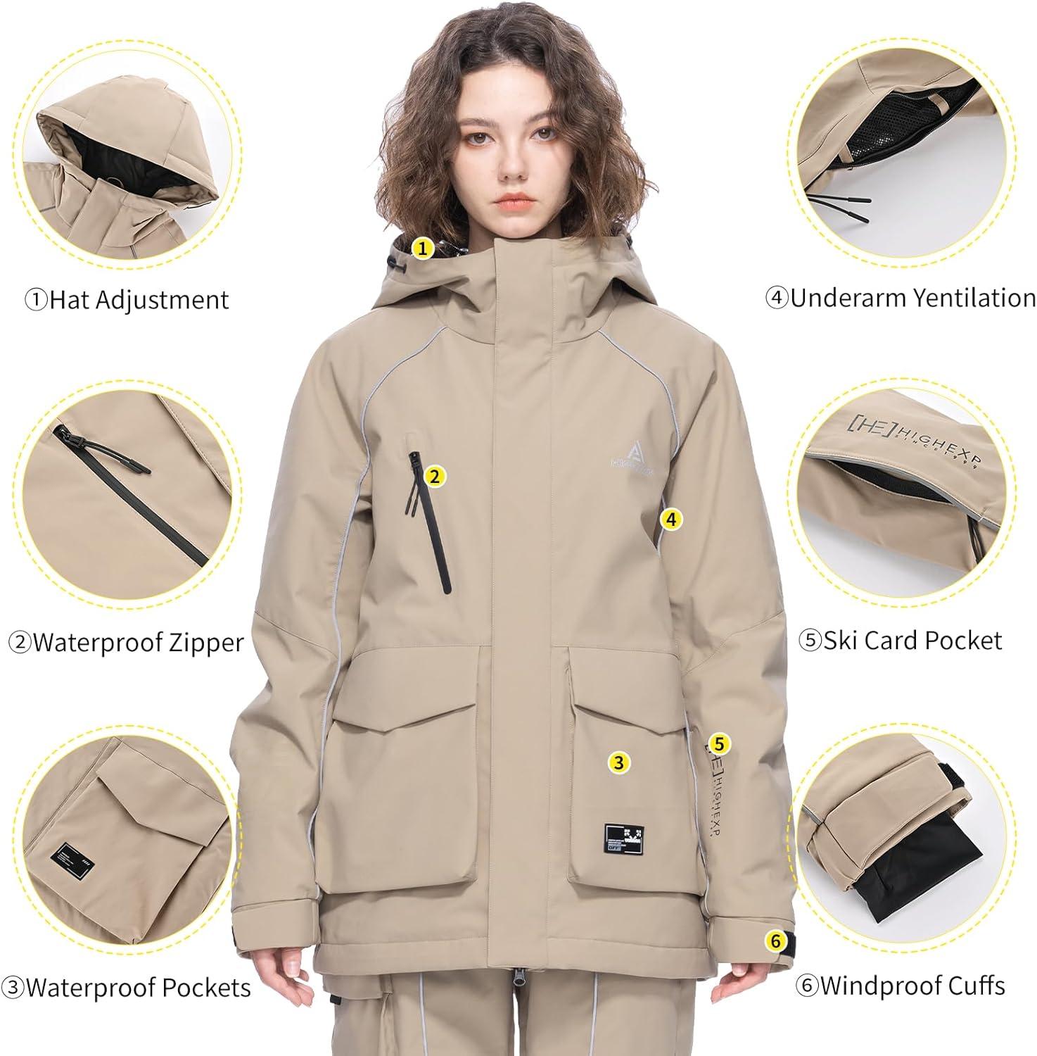 imageSki Jacket Snowboard Coat Snow Winter Waterproof Insulated Windproof Baggy Warm Hooded Jacket for Men WomenLight Khaki