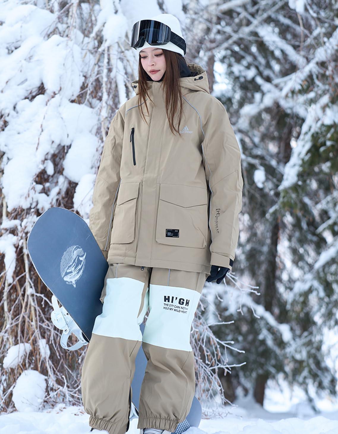 imageSki Jacket Snowboard Coat Snow Winter Waterproof Insulated Windproof Baggy Warm Hooded Jacket for Men WomenLight Khaki