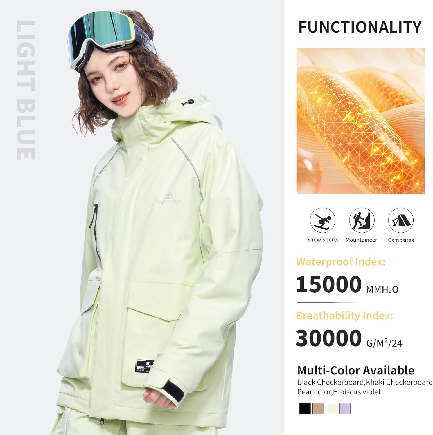 imageSki Jacket Snowboard Coat Snow Winter Waterproof Insulated Windproof Baggy Warm Hooded Jacket for Men WomenPear Color
