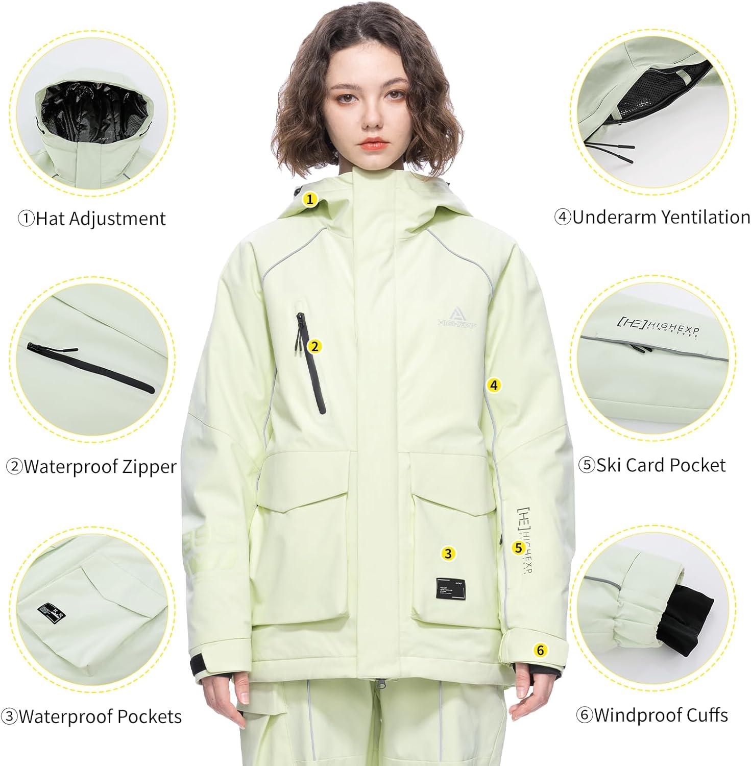 imageSki Jacket Snowboard Coat Snow Winter Waterproof Insulated Windproof Baggy Warm Hooded Jacket for Men WomenPear Color