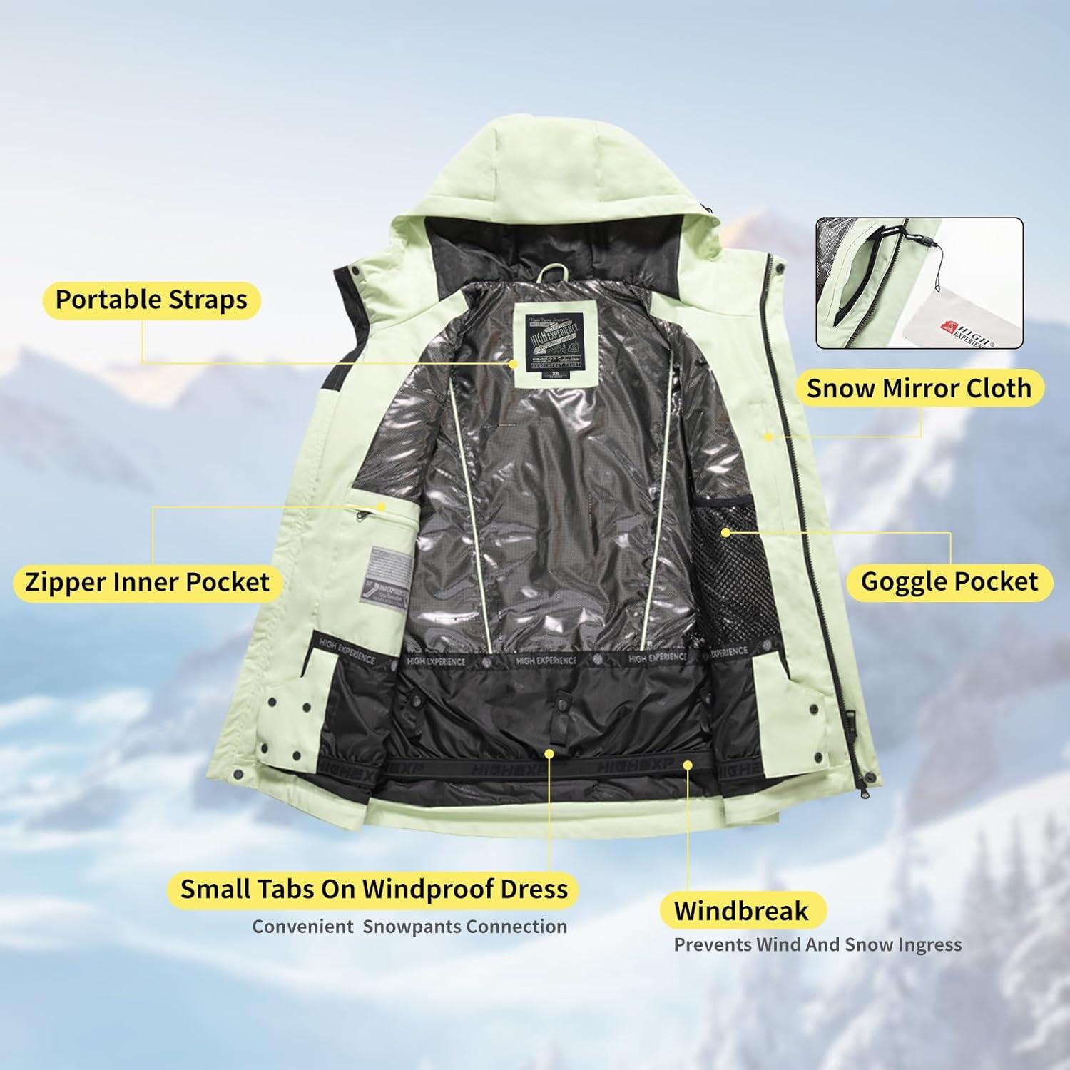 imageSki Jacket Snowboard Coat Snow Winter Waterproof Insulated Windproof Baggy Warm Hooded Jacket for Men WomenPear Color
