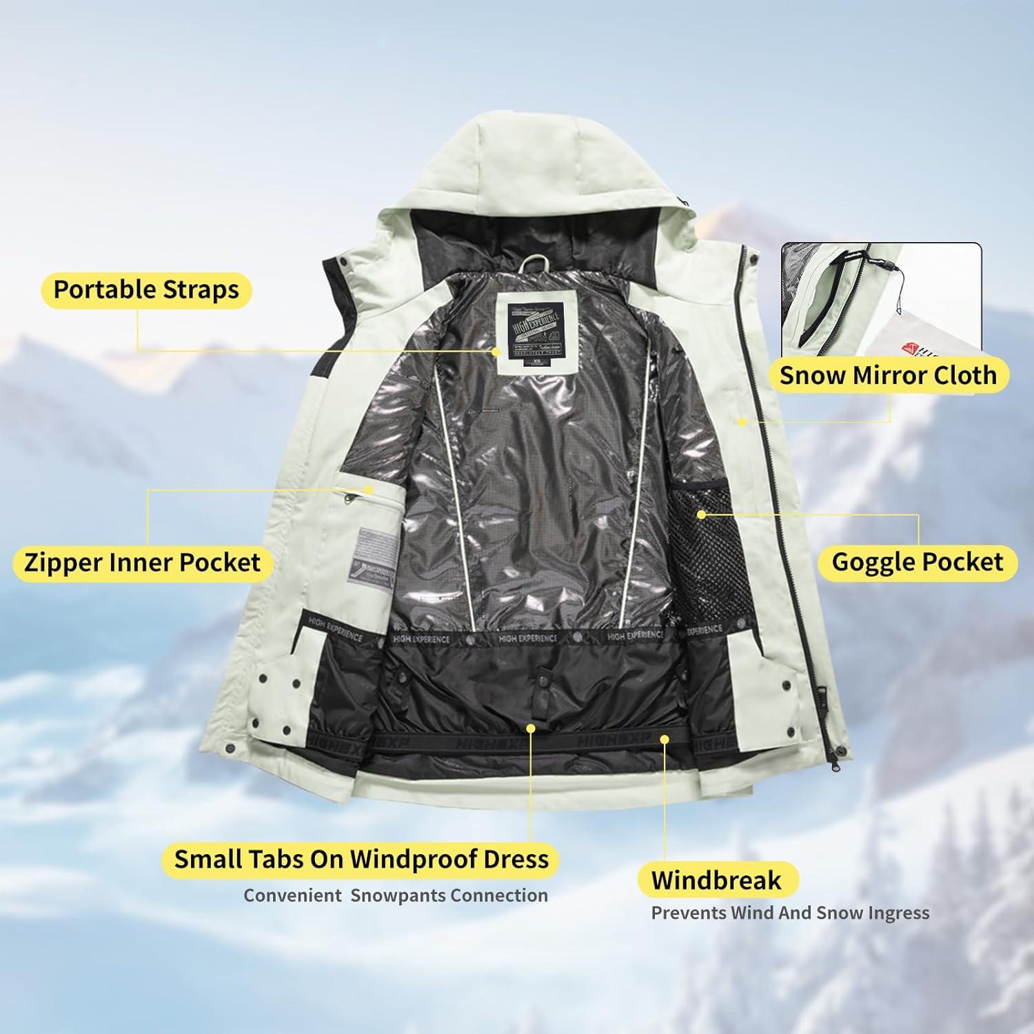 imageSki Jacket Snowboard Coat Snow Winter Waterproof Insulated Windproof Baggy Warm Hooded Jacket for Men WomenWhite