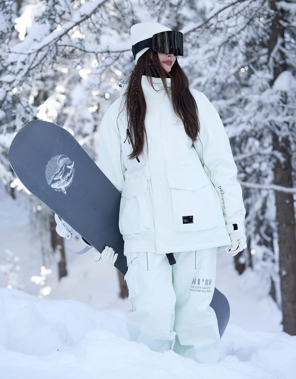 imageSki Jacket Snowboard Coat Snow Winter Waterproof Insulated Windproof Baggy Warm Hooded Jacket for Men WomenWhite