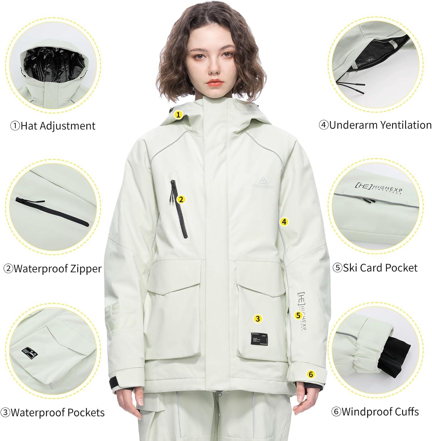 imageSki Jacket Snowboard Coat Snow Winter Waterproof Insulated Windproof Baggy Warm Hooded Jacket for Men WomenWhite