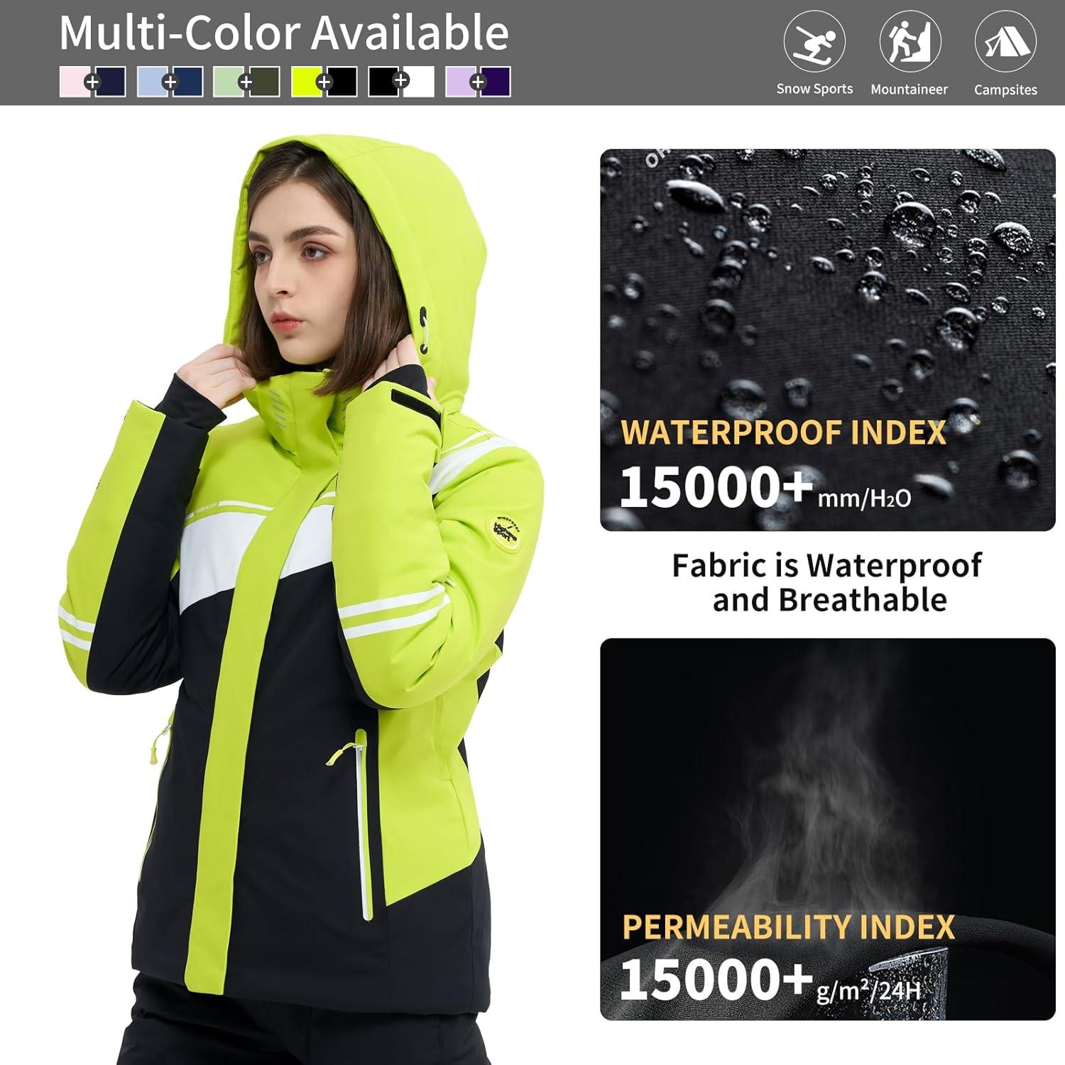 imageSki Jacket Women Snowboard Coat Fitted Slim Fit Snow Short Windproof Waterproof Insulated Warm Removable HoodLemon Yellowblack