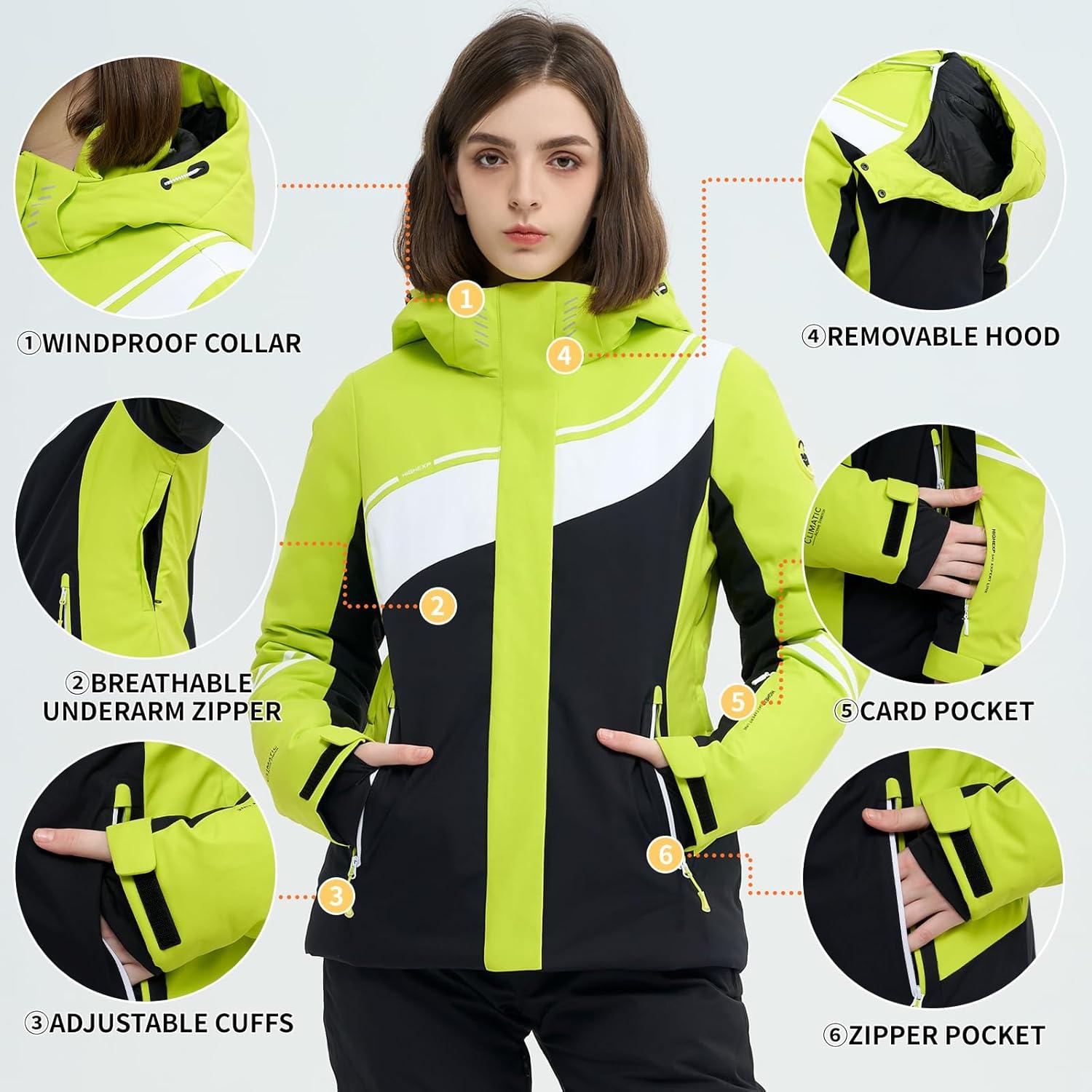 imageSki Jacket Women Snowboard Coat Fitted Slim Fit Snow Short Windproof Waterproof Insulated Warm Removable HoodLemon Yellowblack