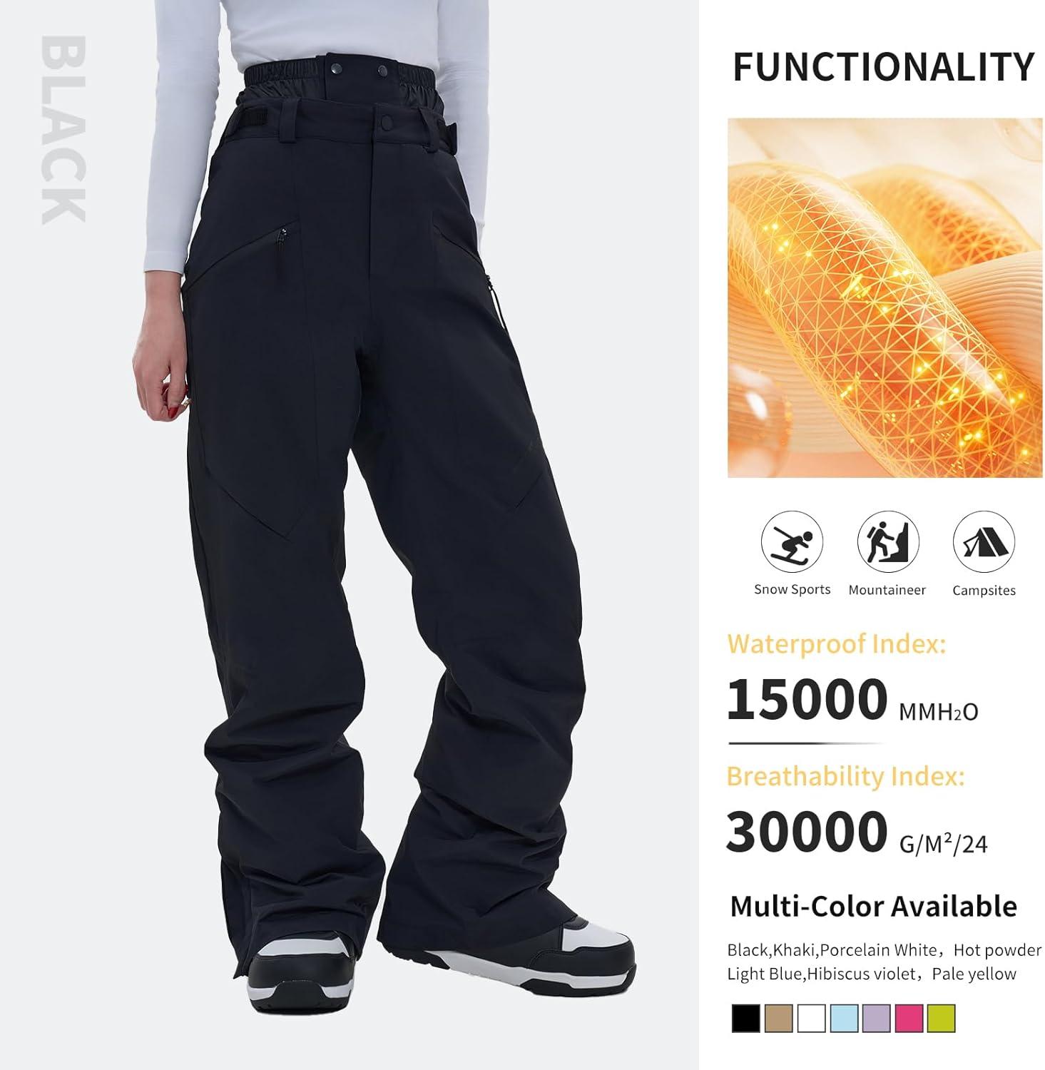 imageSki Pants Snow Snowboard Pants Waterproof Insulated Baggy Windproof Hiking Winter Warm for Men WomenBlack