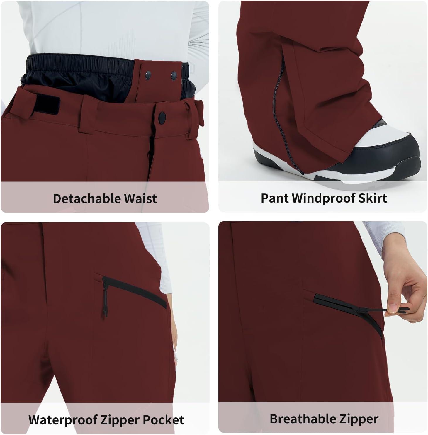 imageSki Pants Snow Snowboard Pants Waterproof Insulated Baggy Windproof Hiking Winter Warm for Men WomenBurgundy Red
