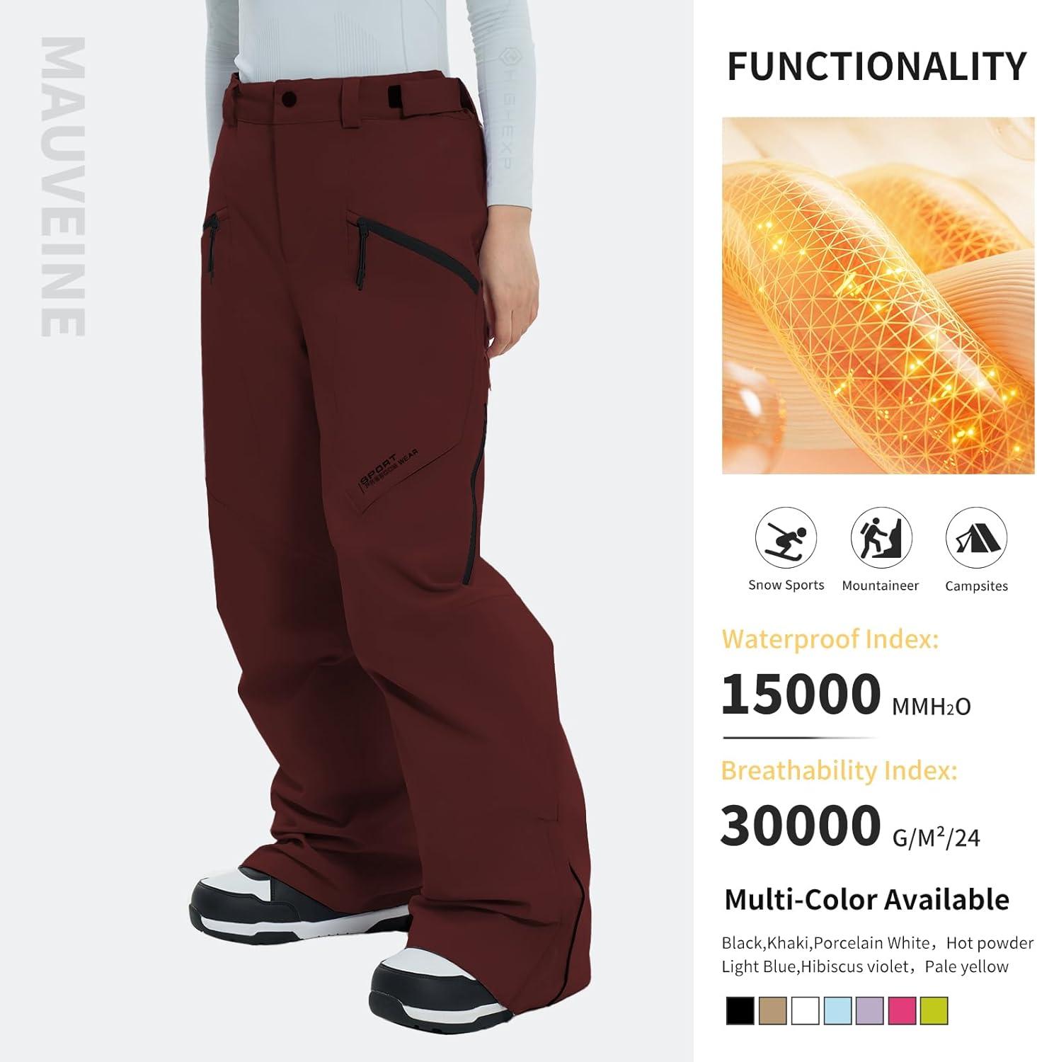 imageSki Pants Snow Snowboard Pants Waterproof Insulated Baggy Windproof Hiking Winter Warm for Men WomenBurgundy Red