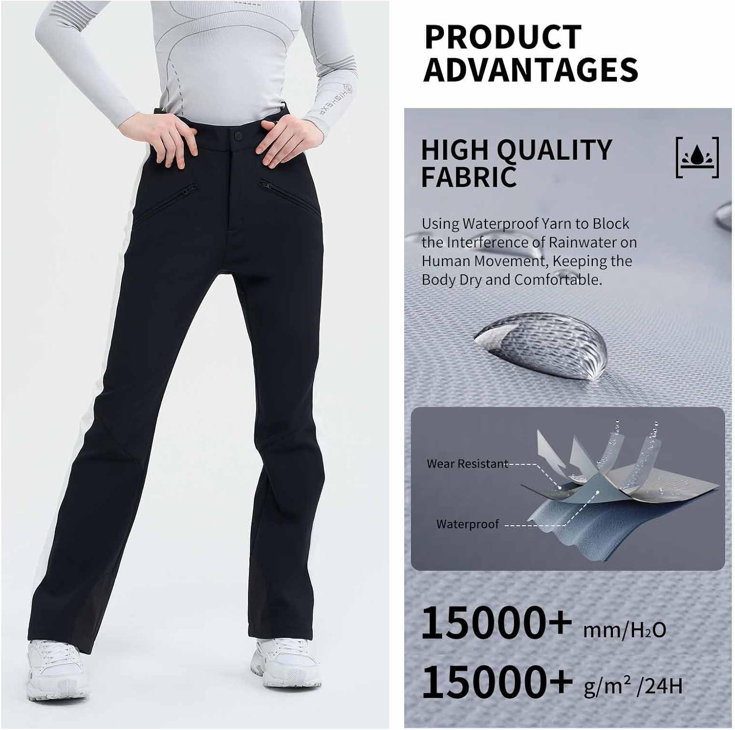 imageSki Pants for Women Snow Fleece Lined Snowboard Soft Shell Slim Fit Fitted Waterproof Windproof WarmBlack