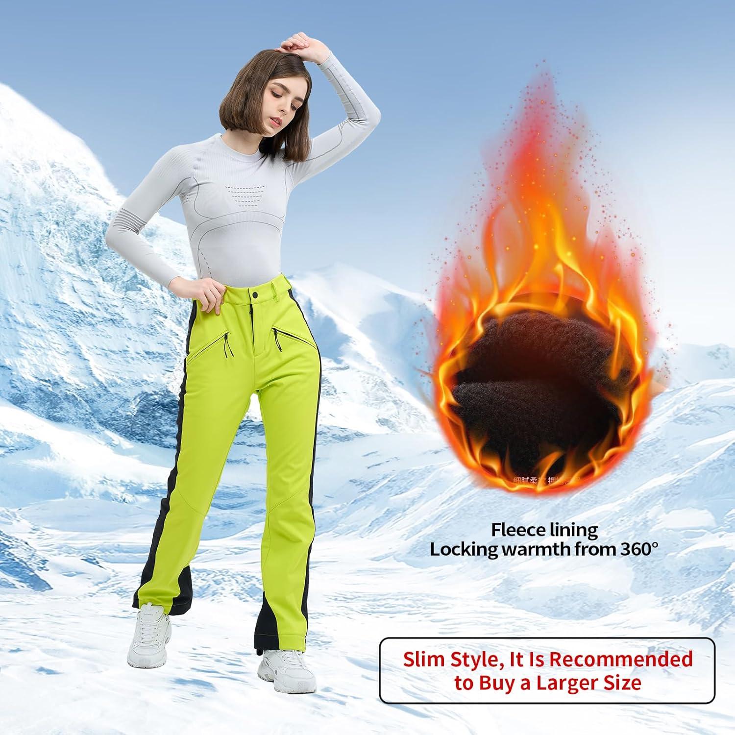 imageSki Pants for Women Snow Fleece Lined Snowboard Soft Shell Slim Fit Fitted Waterproof Windproof WarmLight Green