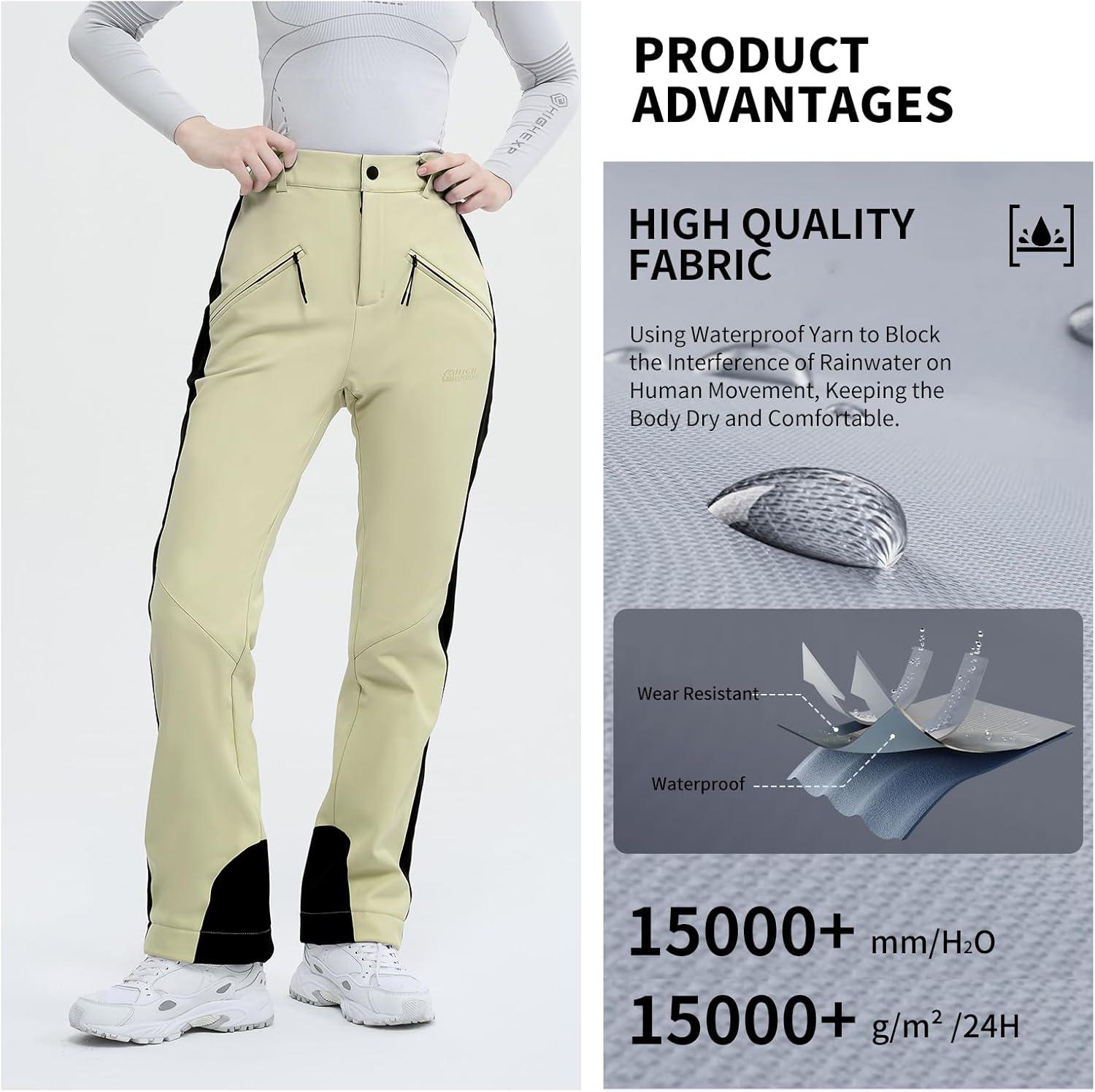 imageSki Pants for Women Snow Fleece Lined Snowboard Soft Shell Slim Fit Fitted Waterproof Windproof WarmLight Khaki