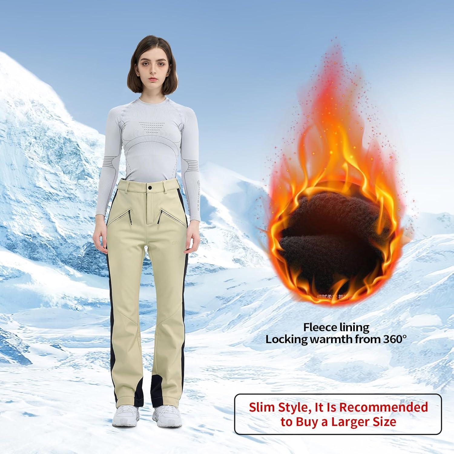 imageSki Pants for Women Snow Fleece Lined Snowboard Soft Shell Slim Fit Fitted Waterproof Windproof WarmLight Khaki