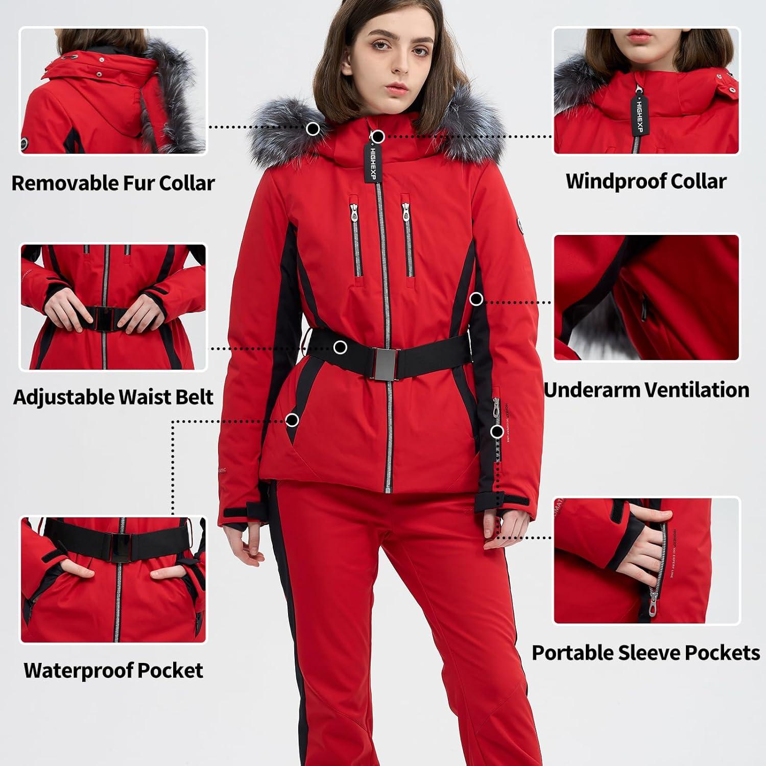 imageWomen Ski Jacket Snowboard Fitted Slim Fit Short Snow Coat Belted Mountain Waterproof Insulated Warm WinterBlack