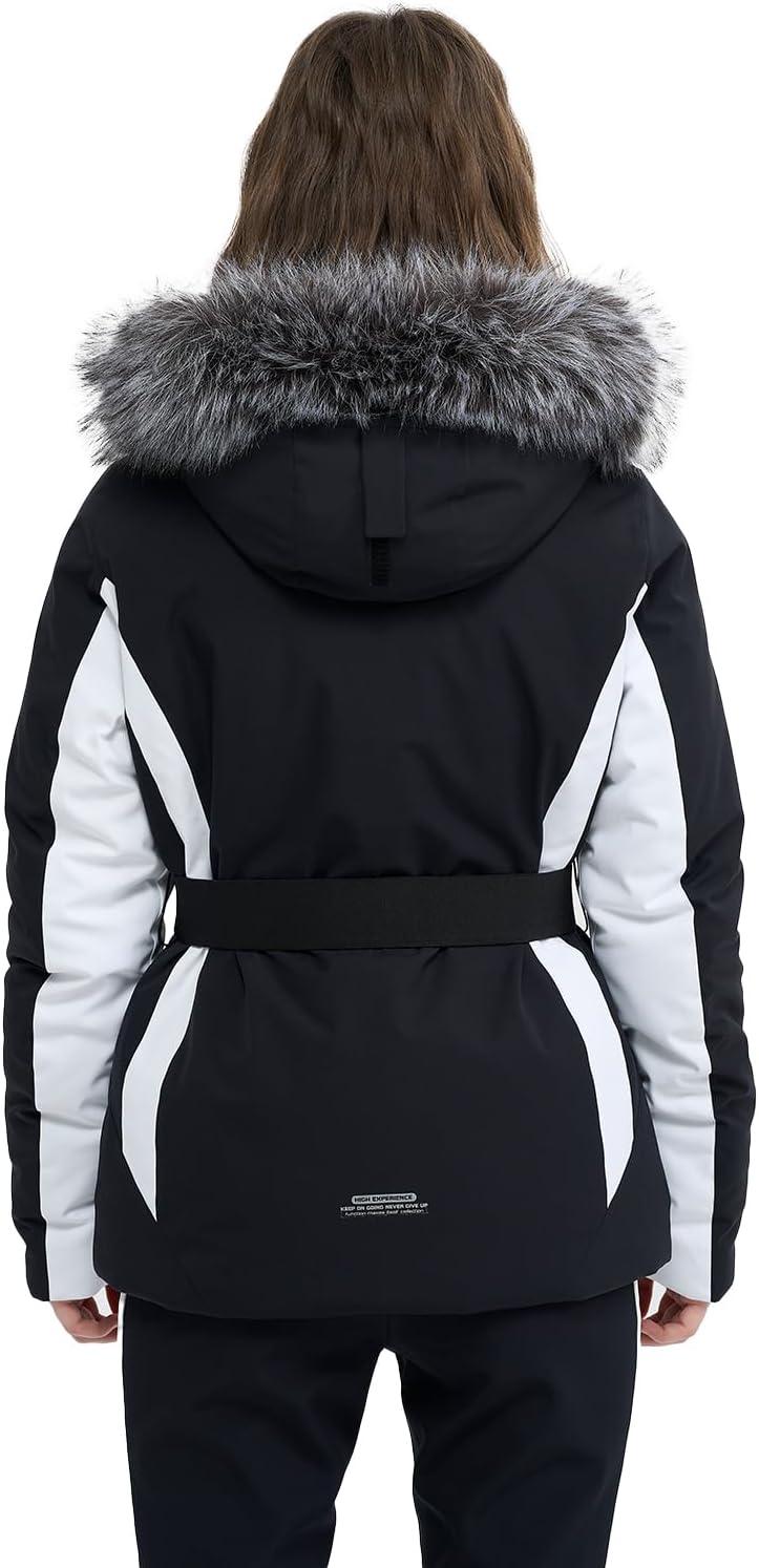 imageWomen Ski Jacket Snowboard Fitted Slim Fit Short Snow Coat Belted Mountain Waterproof Insulated Warm WinterBlack
