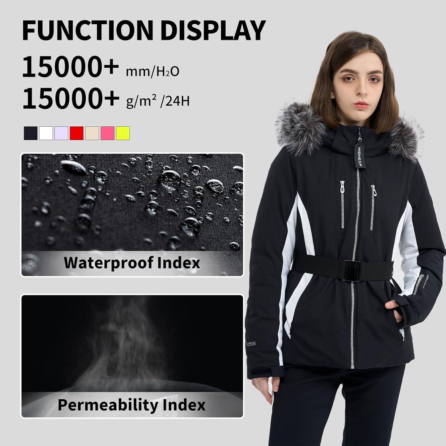 imageWomen Ski Jacket Snowboard Fitted Slim Fit Short Snow Coat Belted Mountain Waterproof Insulated Warm WinterBlack