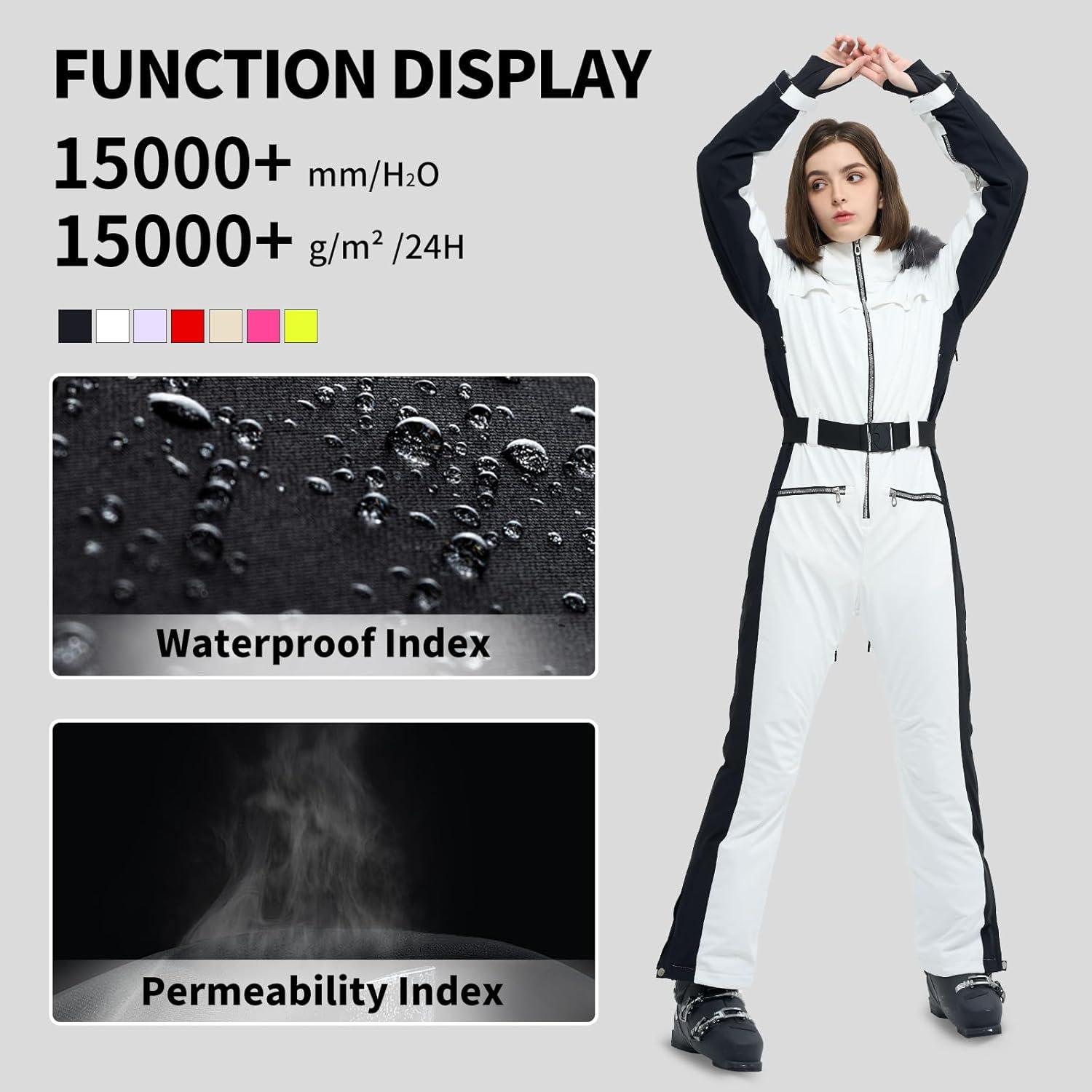 imageWomen Ski Suit One Piece Snow Jumpsuit Snow Stretchy Outfit Snowboard Onesie Insulated Waterproof Winter WarmWhite
