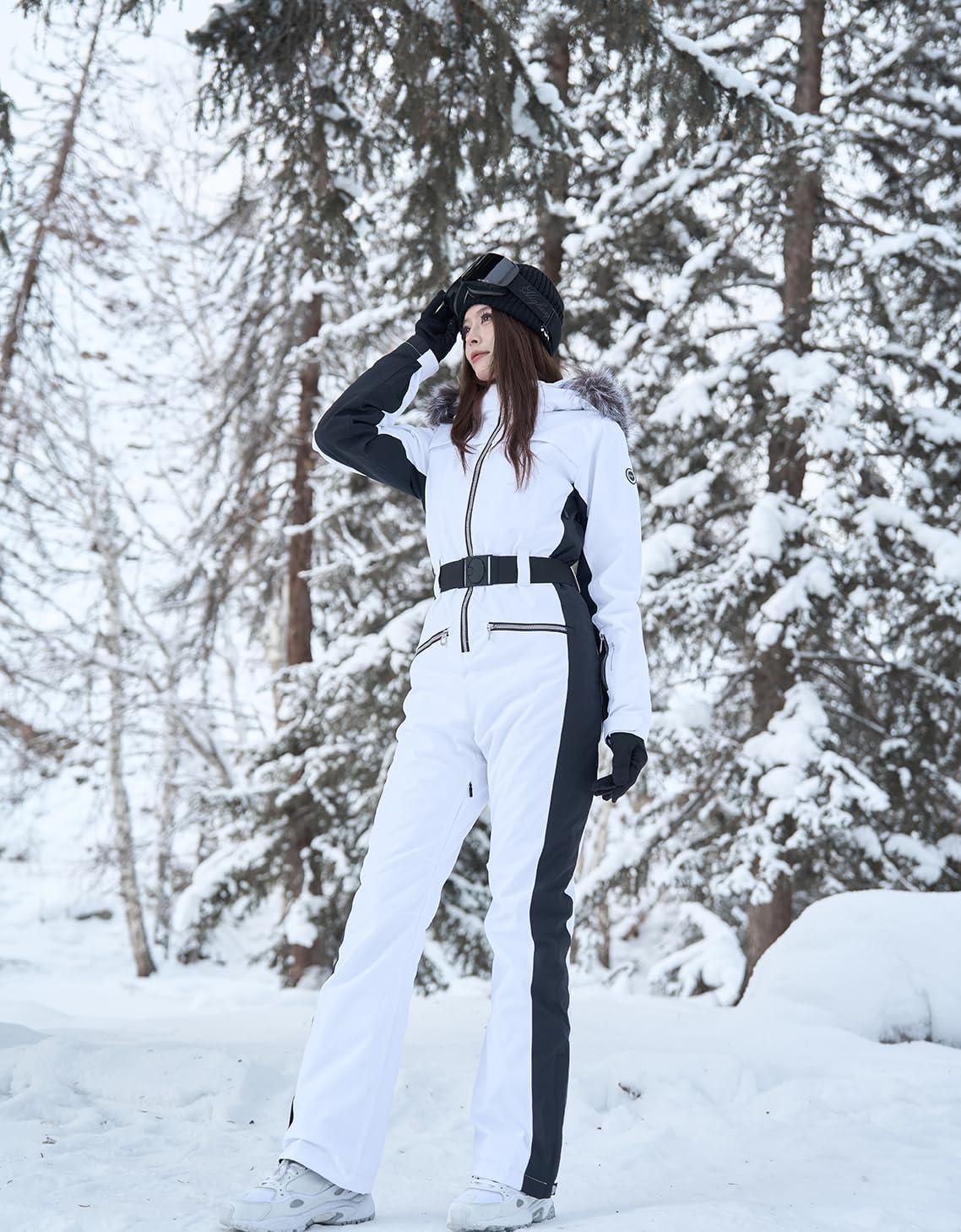 imageWomen Ski Suit One Piece Snow Jumpsuit Snow Stretchy Outfit Snowboard Onesie Insulated Waterproof Winter WarmWhite