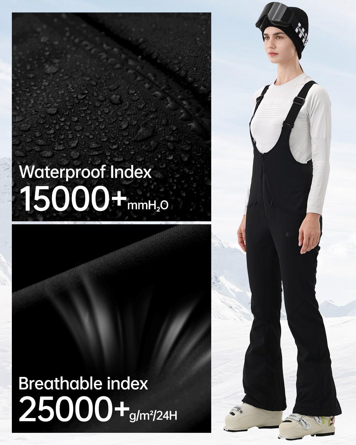 imageWomens Ski Bib Pants Skinny Soft Shell Snow Overalls Slim Fit Fitted Snowboard Insulated Waterproof WindproofBlack