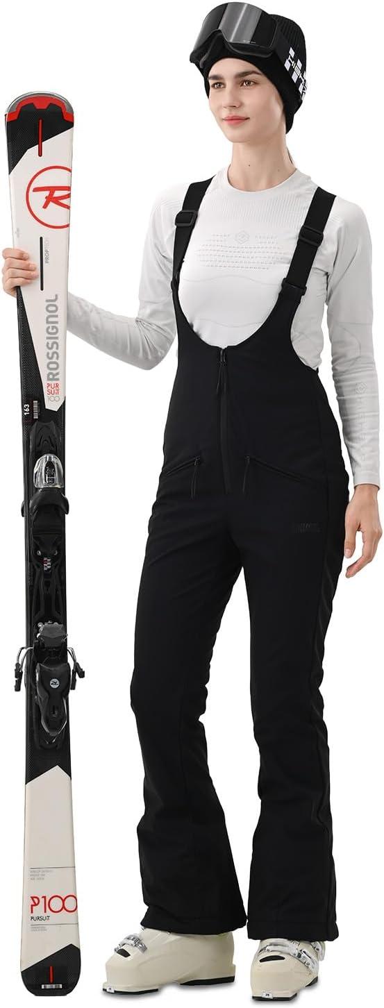 imageWomens Ski Bib Pants Skinny Soft Shell Snow Overalls Slim Fit Fitted Snowboard Insulated Waterproof WindproofBlack