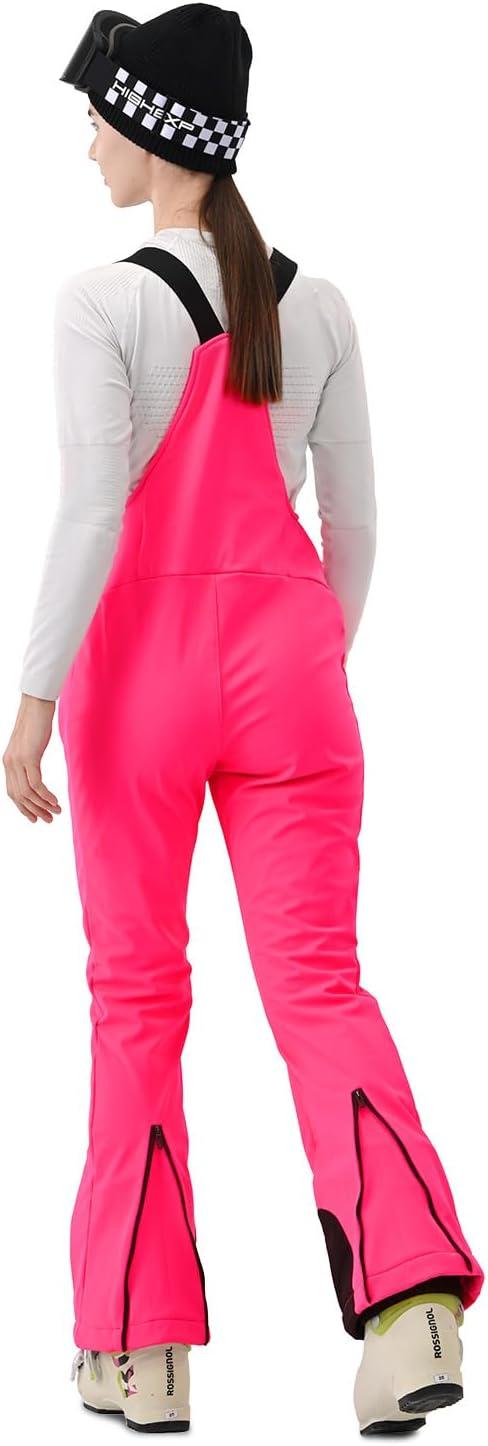imageWomens Ski Bib Pants Skinny Soft Shell Snow Overalls Slim Fit Fitted Snowboard Insulated Waterproof WindproofHot Pink