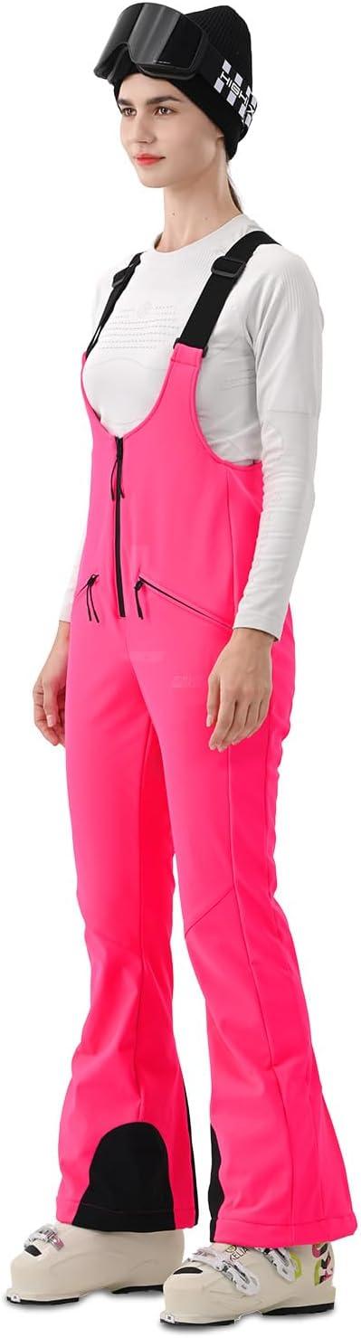 imageWomens Ski Bib Pants Skinny Soft Shell Snow Overalls Slim Fit Fitted Snowboard Insulated Waterproof WindproofHot Pink