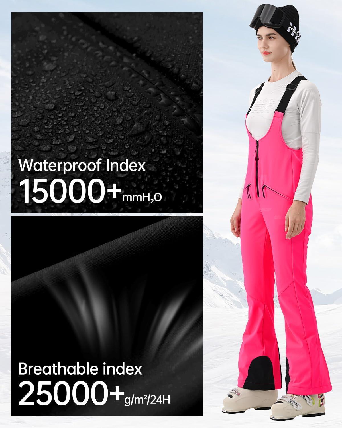 imageWomens Ski Bib Pants Skinny Soft Shell Snow Overalls Slim Fit Fitted Snowboard Insulated Waterproof WindproofHot Pink