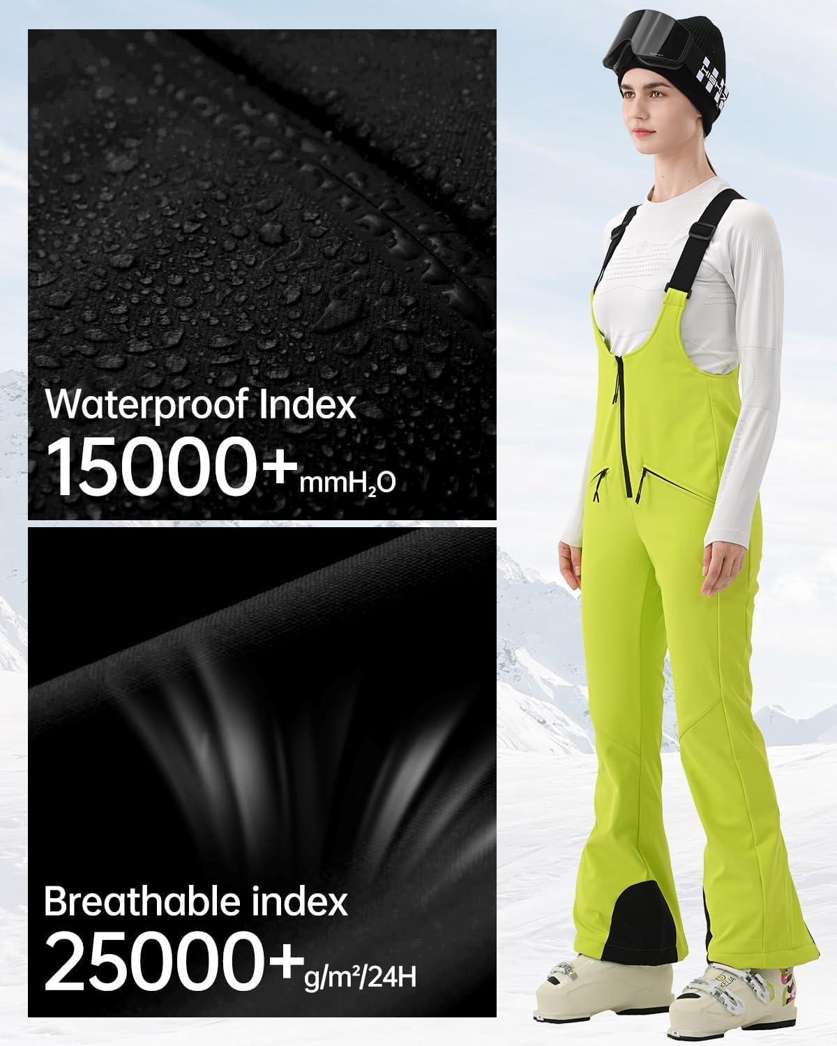 imageWomens Ski Bib Pants Skinny Soft Shell Snow Overalls Slim Fit Fitted Snowboard Insulated Waterproof WindproofLight Green