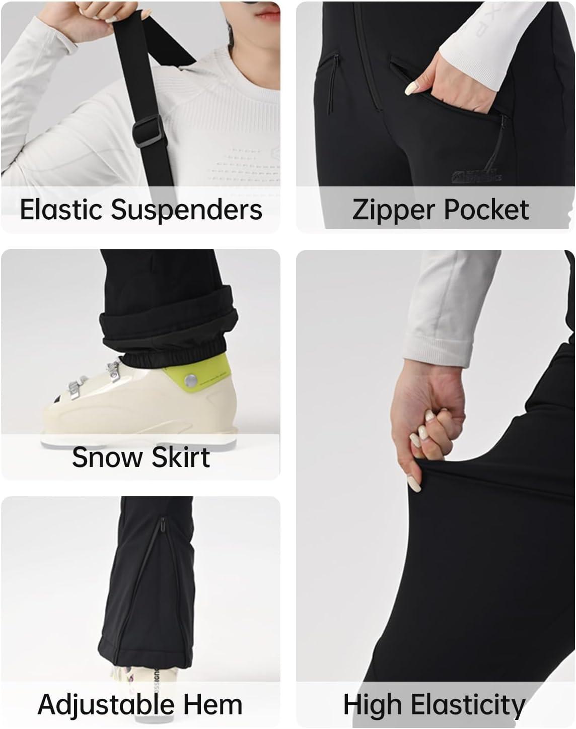 imageWomens Ski Bib Pants Skinny Soft Shell Snow Overalls Slim Fit Fitted Snowboard Insulated Waterproof WindproofLight Green