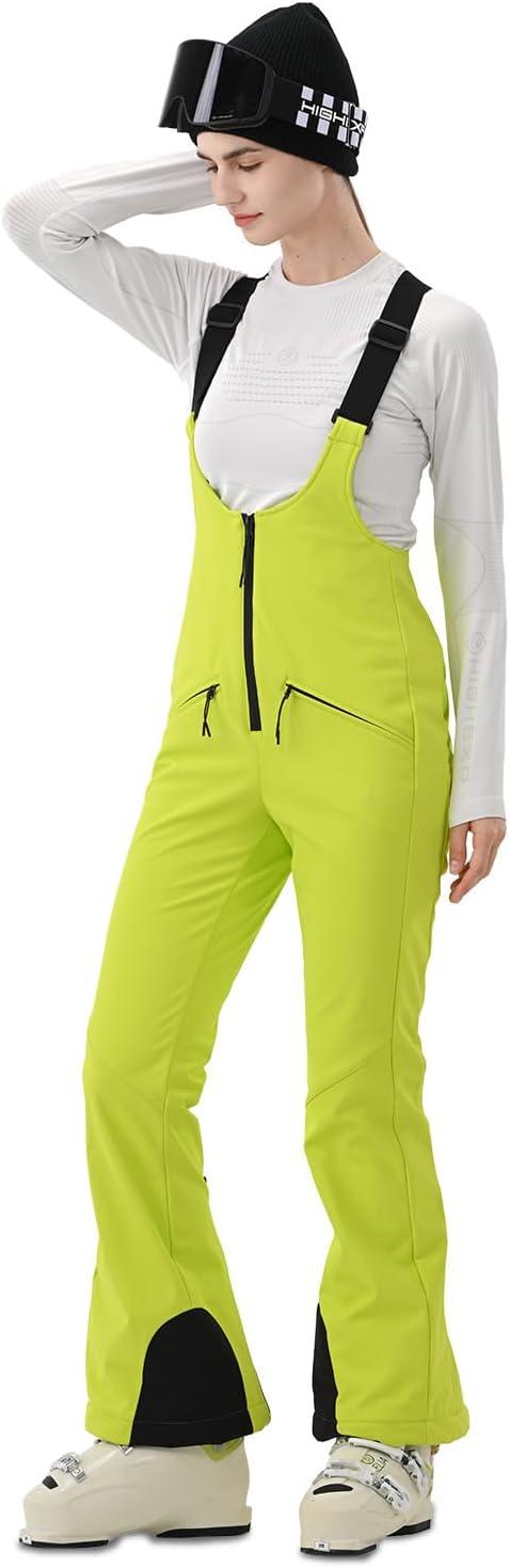 imageWomens Ski Bib Pants Skinny Soft Shell Snow Overalls Slim Fit Fitted Snowboard Insulated Waterproof WindproofLight Green
