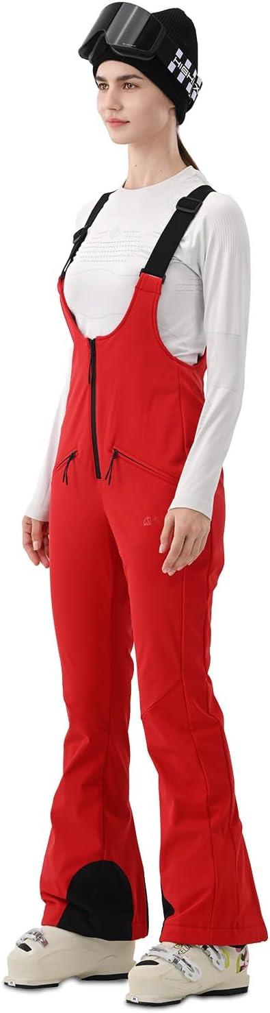 imageWomens Ski Bib Pants Skinny Soft Shell Snow Overalls Slim Fit Fitted Snowboard Insulated Waterproof WindproofRed