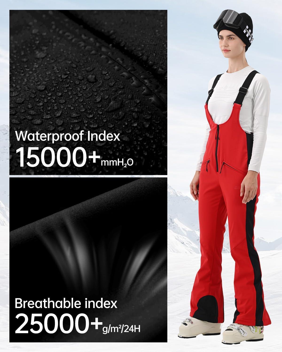 imageWomens Ski Bib Pants Skinny Soft Shell Snow Overalls Slim Fit Fitted Snowboard Insulated Waterproof WindproofRed