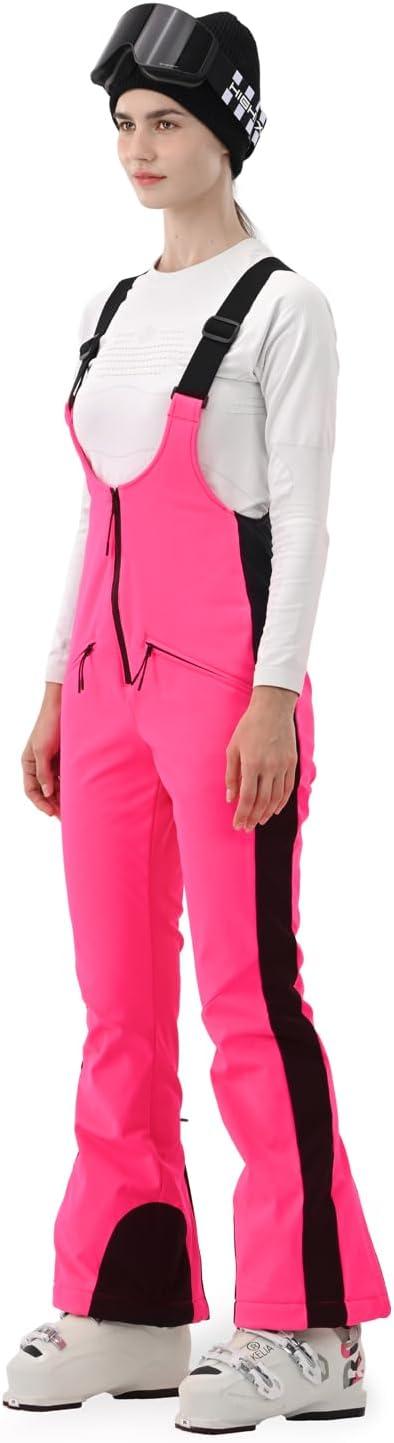 imageWomens Ski Bib Pants Slim Fit Soft Shell Snow Skinny Fitted Snowboard Insulated Waterproof Windproof WarmHot Pink