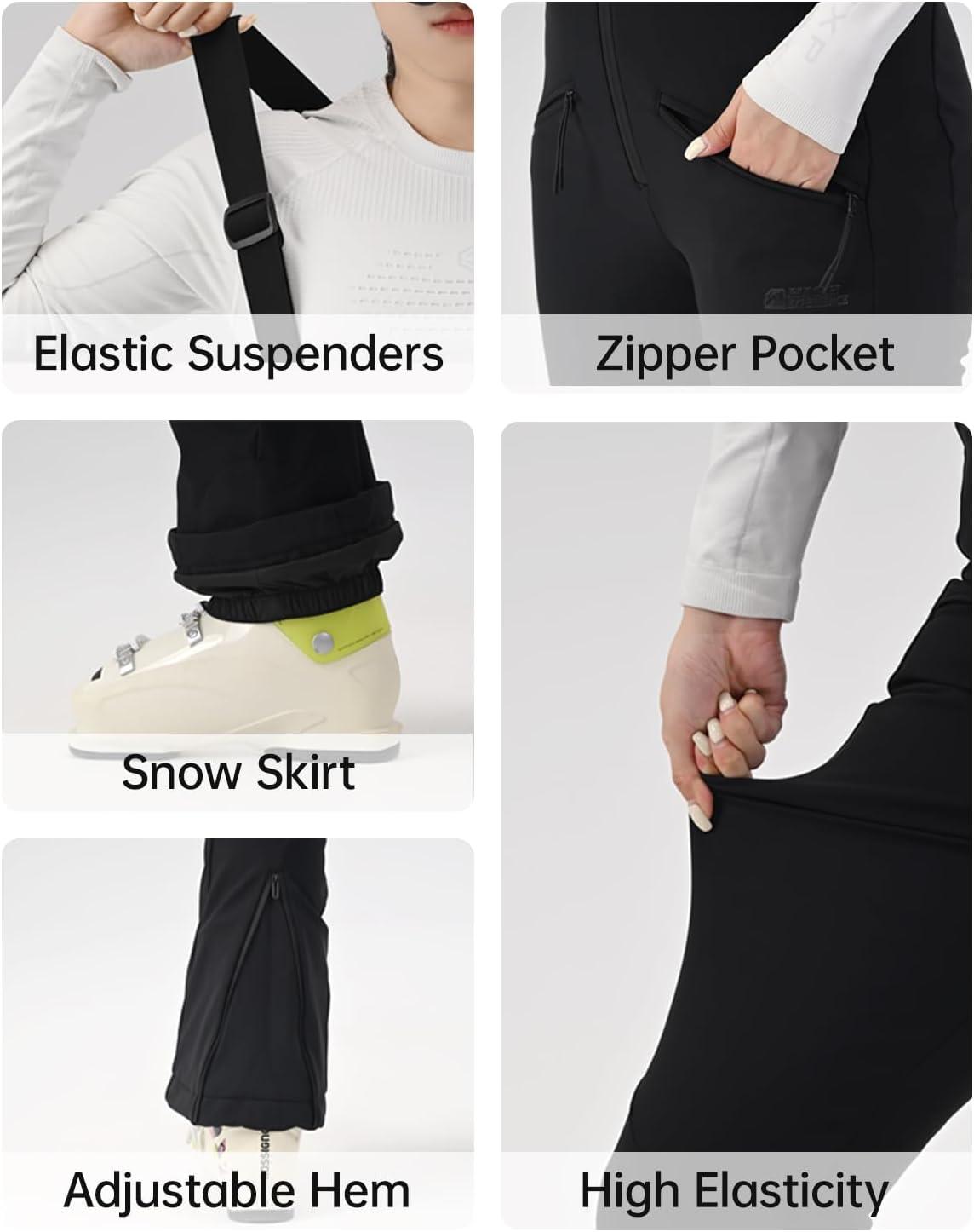 imageWomens Ski Bib Pants Slim Fit Soft Shell Snow Skinny Fitted Snowboard Insulated Waterproof Windproof WarmHot Pink