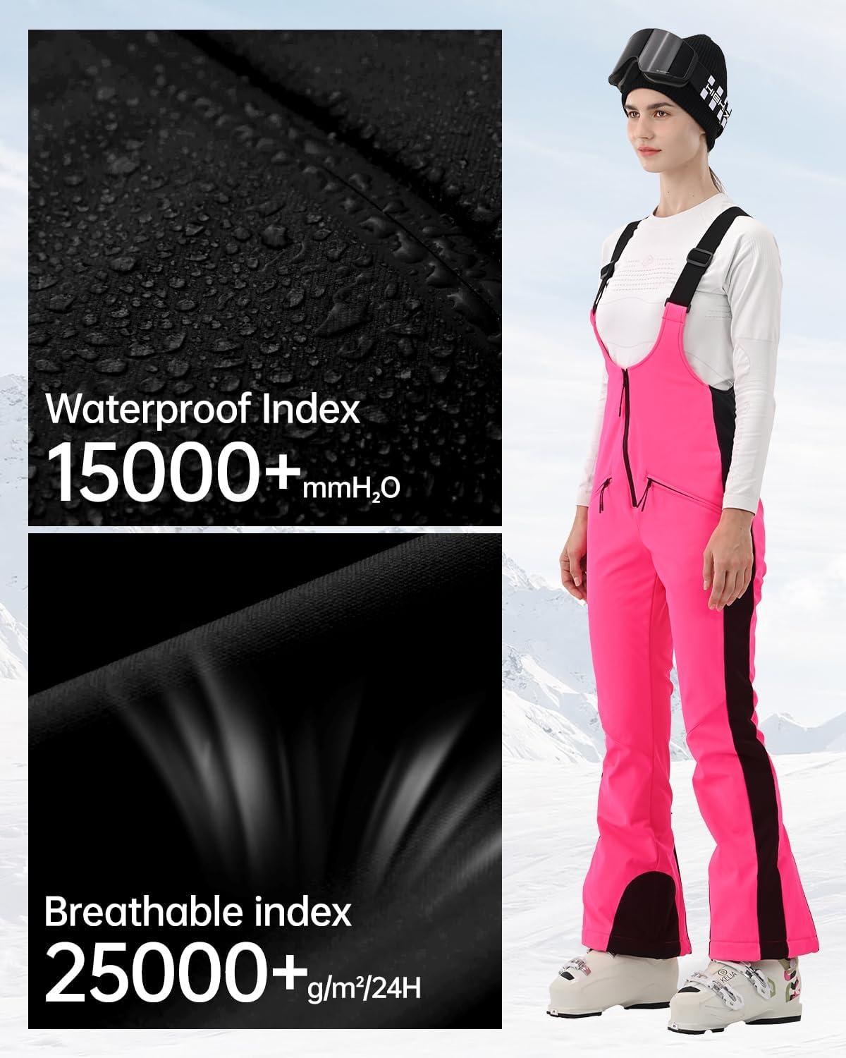 imageWomens Ski Bib Pants Slim Fit Soft Shell Snow Skinny Fitted Snowboard Insulated Waterproof Windproof WarmHot Pink