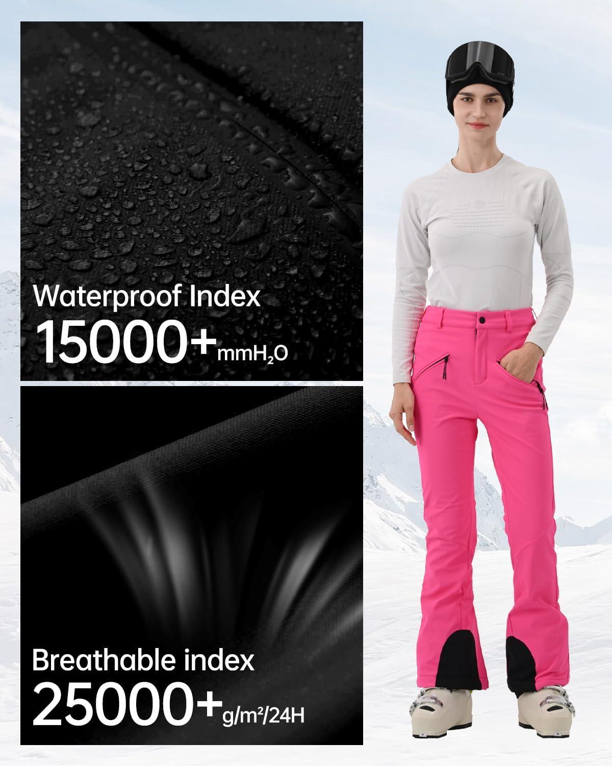 imageWomens Ski Pants Slim Fit Snow Fleece Lined Snowboard Soft Shell Fitted Insulated Waterproof Windproof WarmHot Pink