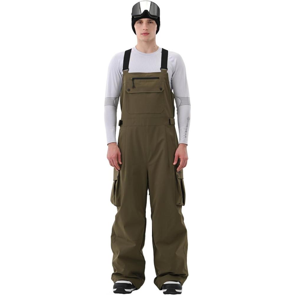 imageMen Ski Bib 3L Snowboard Baggy Pants Snow Overalls Waterproof Windproof Insulate Warm WinterArmy Green