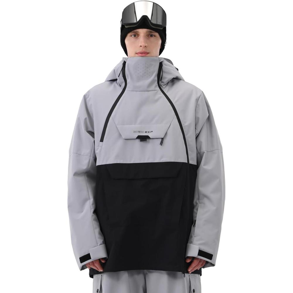 imageMens Ski Jacket 3L Snowboard Anorak Coat Baggy Snow Pullover Hooded Waterproof Windproof Insulated WinterGray Black